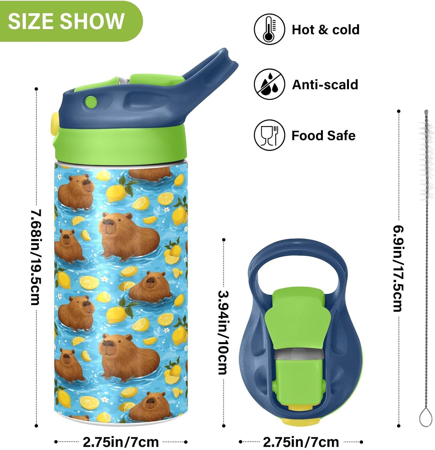 Caikeny Cute Capybaras Kids Water Bottle with Straw Lemon Insulated Stainless Steel BPA-Free Sport Bottles for Boys Girls Toddlers 12 oz Green Lid