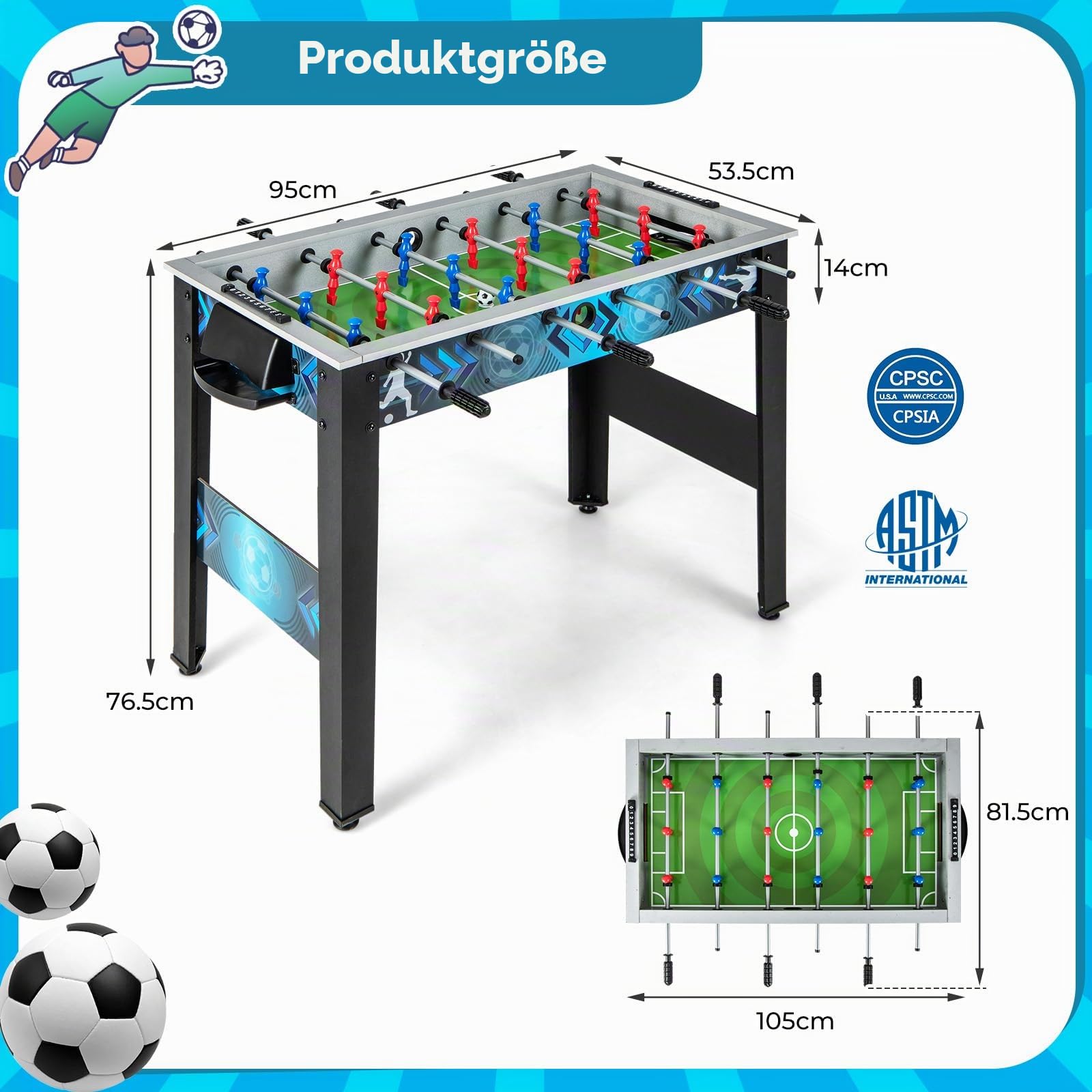 HOMASIS Tischkicker Kinder & Erwachsenen, Kickertisch mit 2 Fußbällen, 18 Kickern & 2 Punktezählern, Tischfußball Spieltisch Holz MDF, Tischfußballtisch für Party Treffen, 94,5 x 53,5 x 76,5 cm