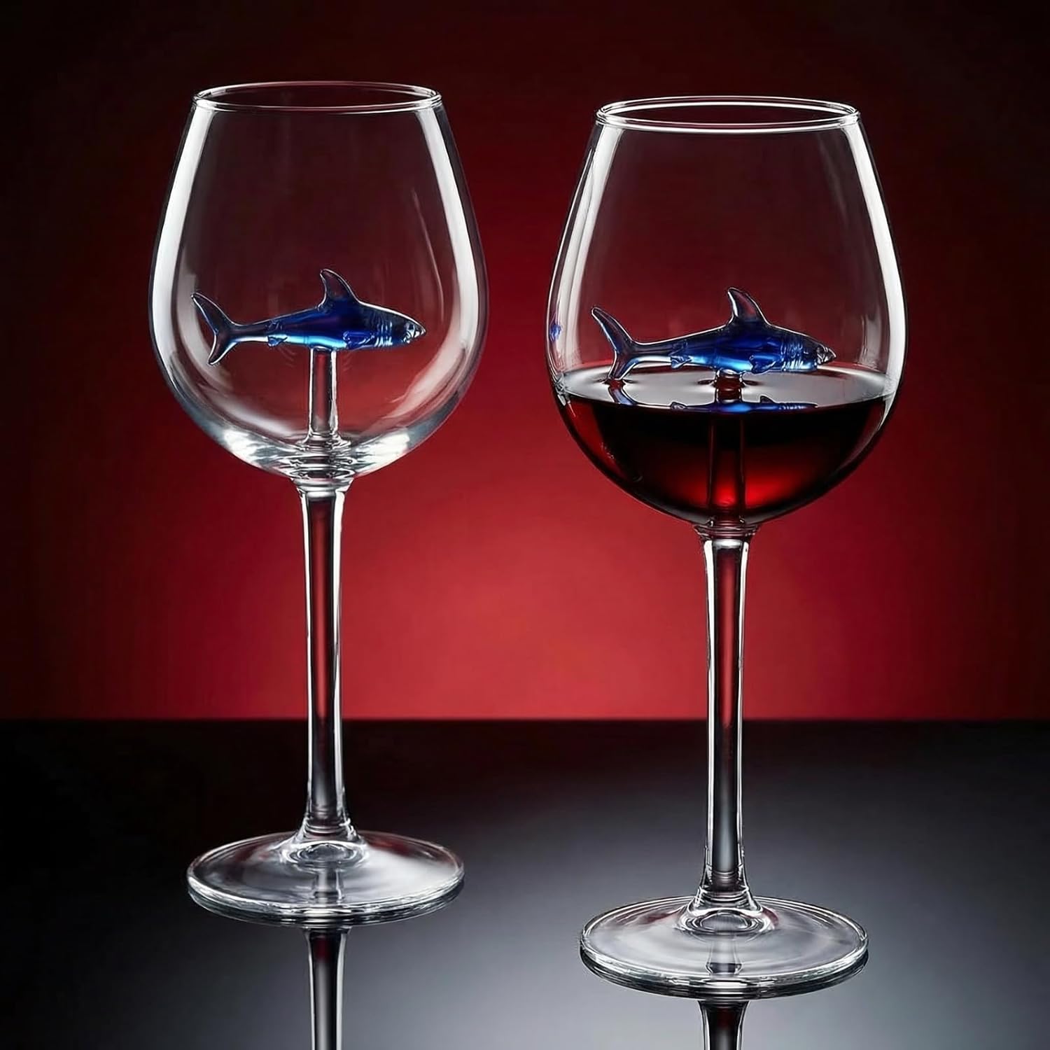 Handcrafted Stemmed Shark Wine Glass - Personalized Set of 2 with 3D Sharks Inside - Red Wine Glasses - Unique Shark Lover Gifts - Ideal for Parties, Birthdays, Weddings - 10.05 oz Capacity (Blue)