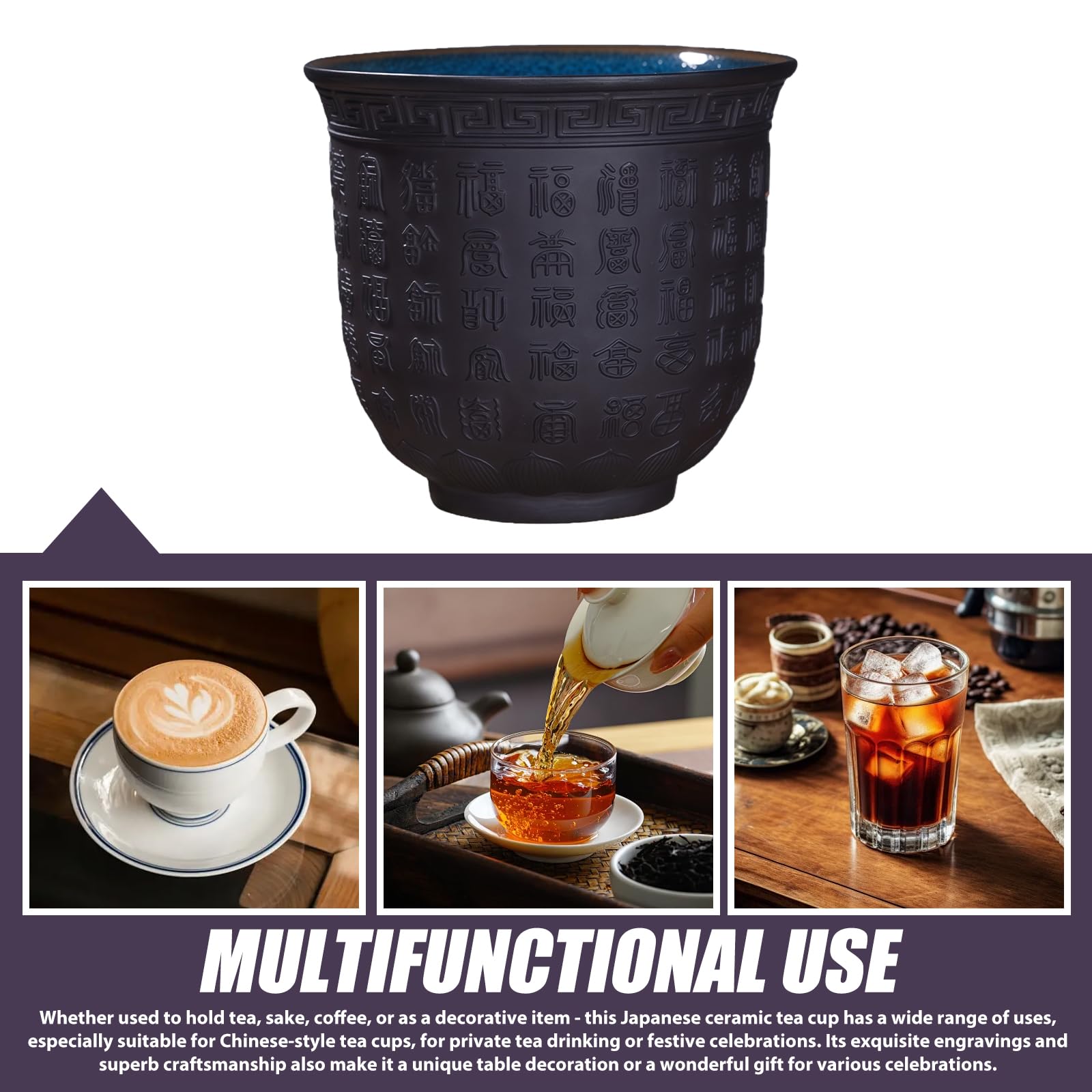 Japanische Teetasse 4er Set, Violette Sandbecher Buddhistische Herz-Sutra Muster Kleine, Tasse Teetassenset Ohne Henkel Für Zuhause, Geschenke, Büro, Sake Cups Teetassen