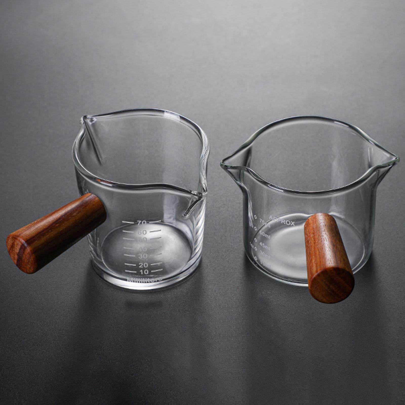 Lot de 5 tasses à mesurer transparentes à double bec avec poignée en bois pour barista Milk Bar B Style B