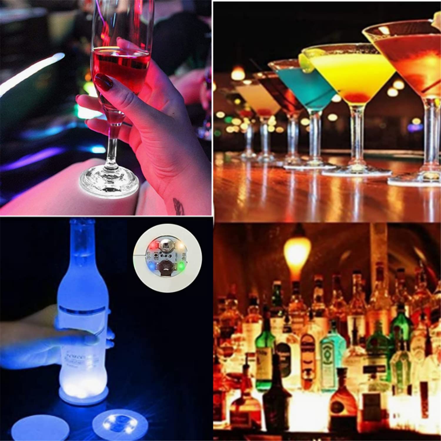 Lot De 20 Dessous De Verre LED Ronds Pour Bouteilles - 5 Couleurs, 3 Modes (clignotant, Fixe) - Diamètre 6 Cm, Piles Incluses - 4