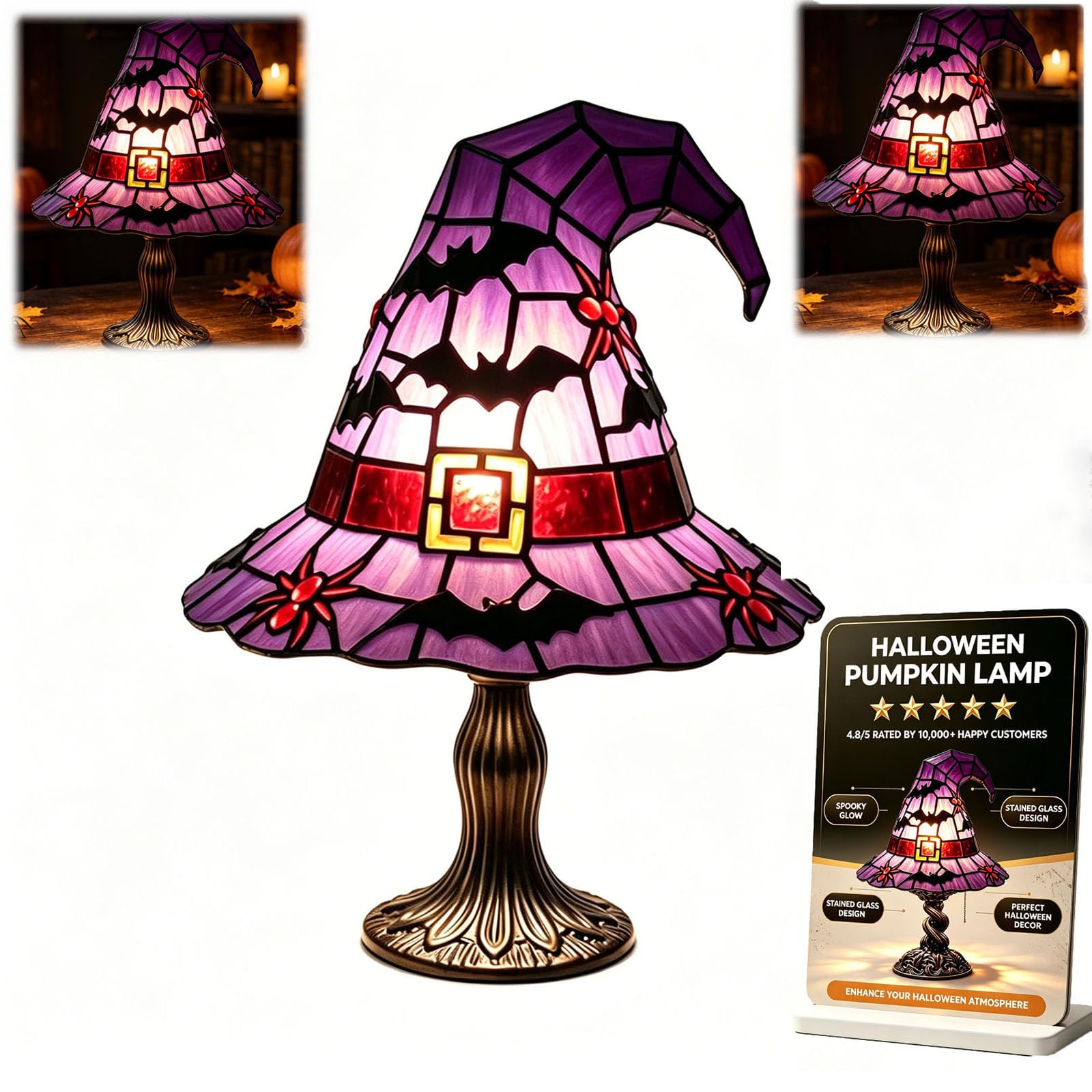 Stained Glass Halloween Pumpkin Table Lamp, Jack-O-Lantern Night Light, USB Powered Witch Hat Accent, Pumpkin Lantern Night Light, Vintage Gothic Desktop Ornament (C)