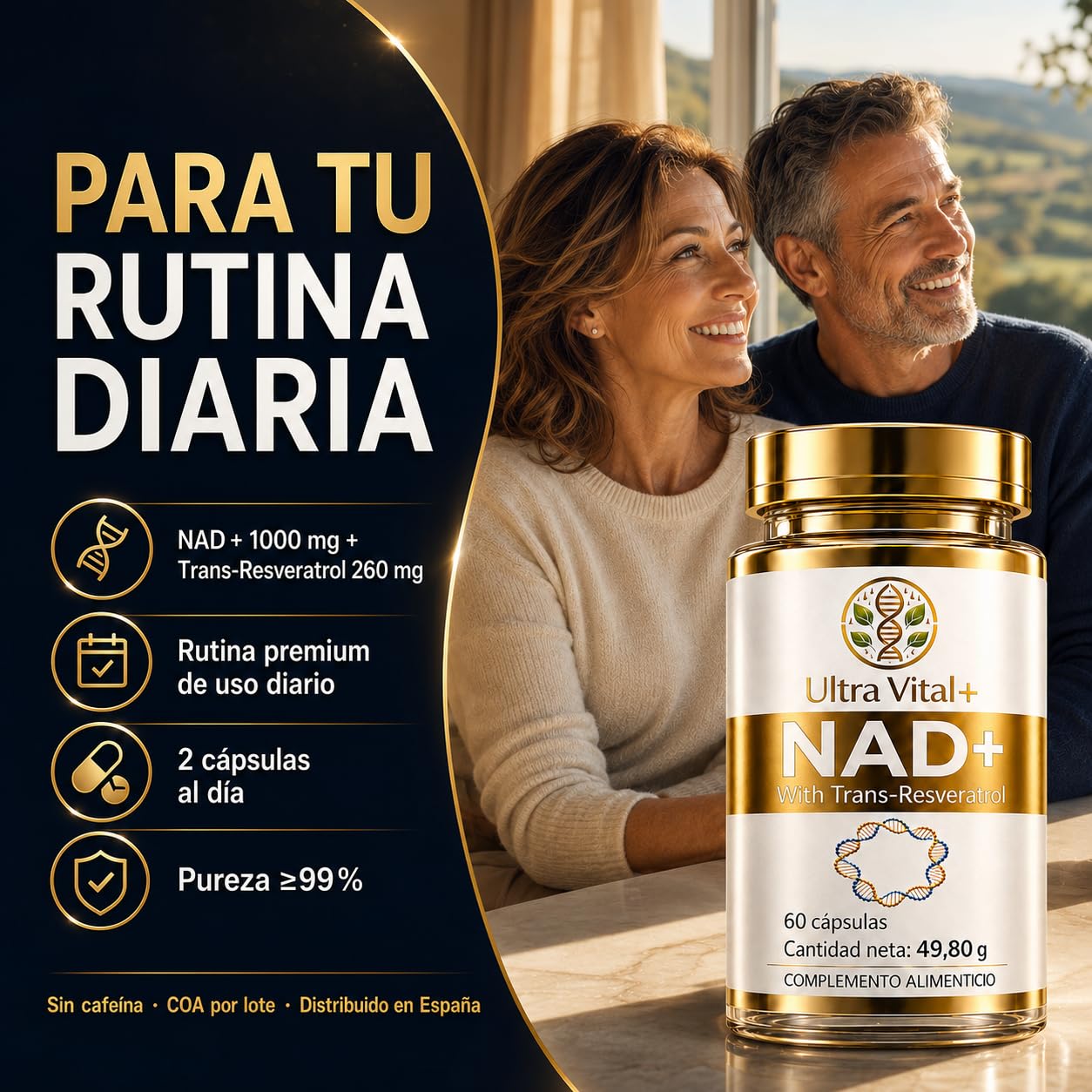 NAD Resveratrol Puro 1000 mg, NAD+ Trans-Resveratrol Sin Cafeína, 60 Cáps | NAD+ 1000 mg + Trans-Resveratrol 260 mg por dosis diaria. Pureza superior al 99%, analizada por lote. Marca española