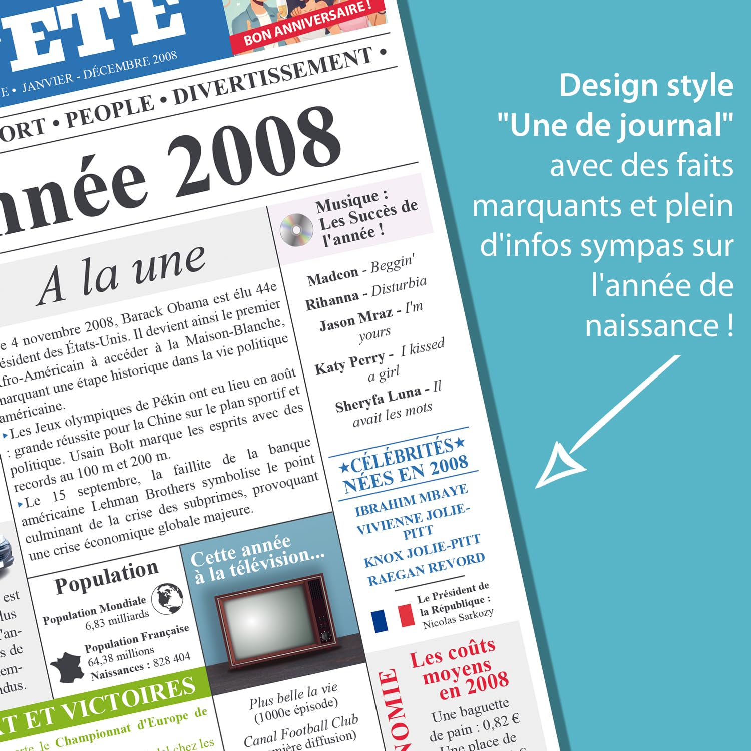Carte Anniversaire 18 Ans Design Original Journal Année 2008 Format A5 Avec Enveloppe