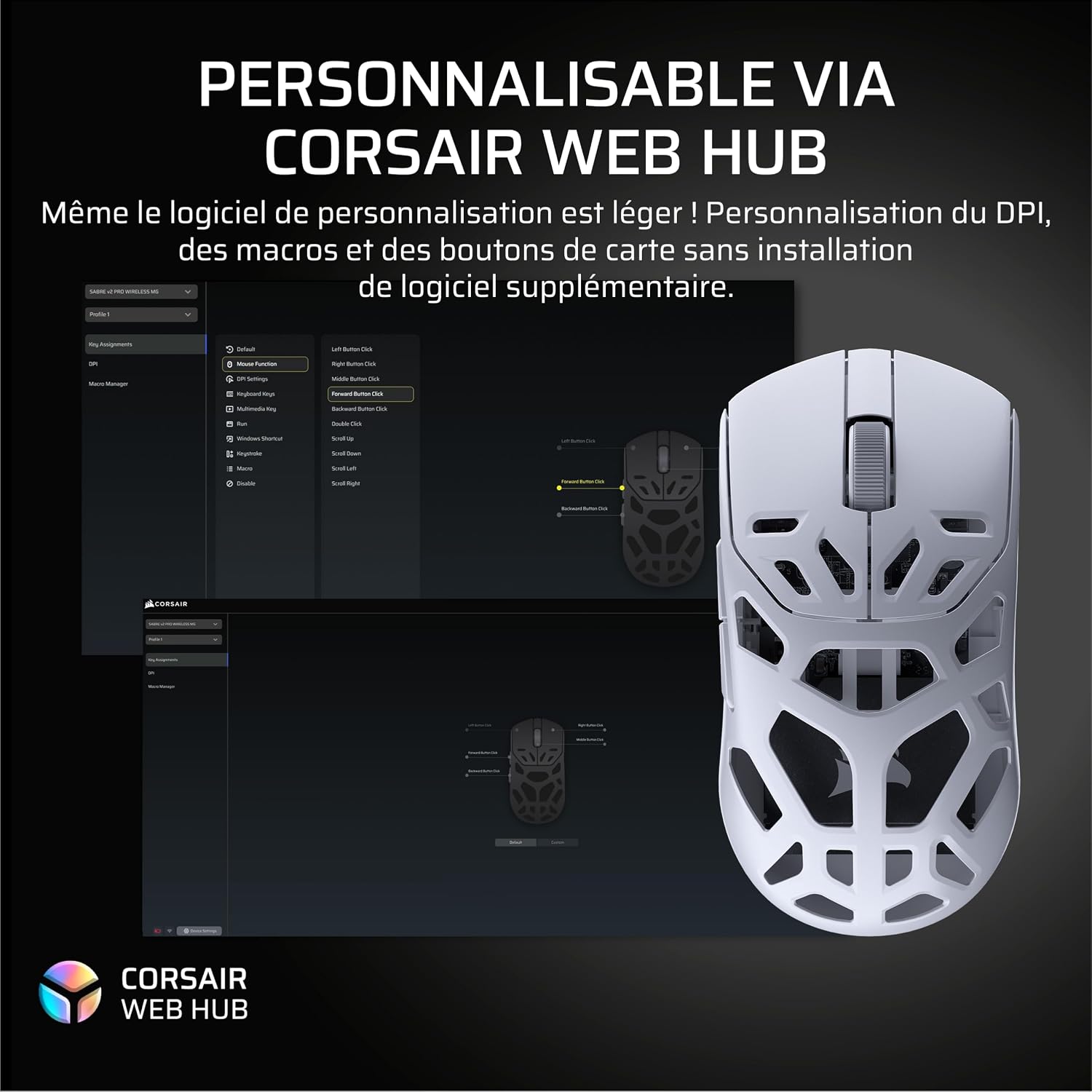 Corsair Sabre v2 Pro MG sans Fil Souris Gaming – 33 000 DPI, D’Interrogation de 8 000 Hz, Coque en Alliage de Magnésium de 56 g, Jusqu'à 170 Heures D'autonomie de la Batterie, Web Hub – Blanc — vue 9