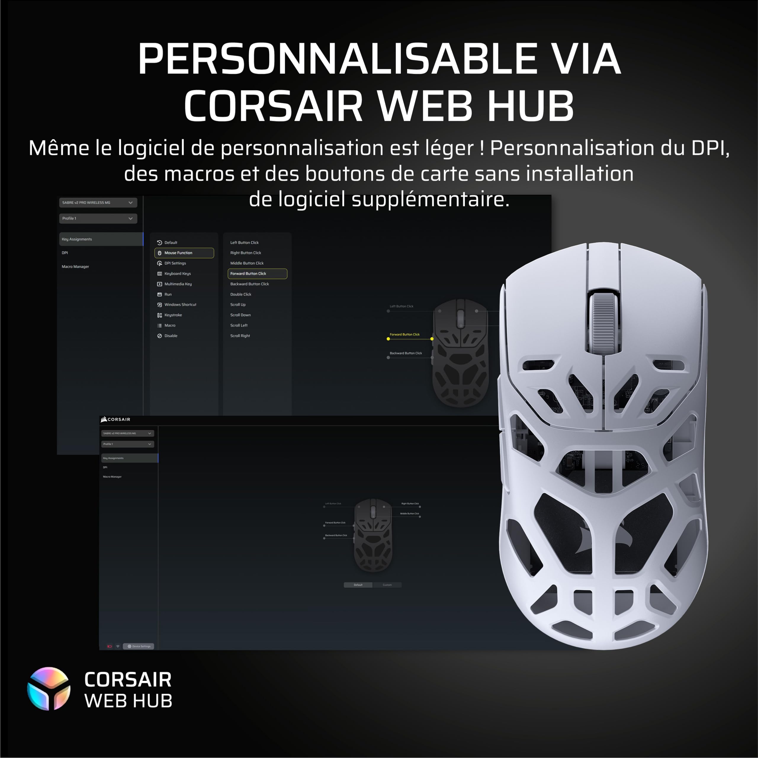 Corsair Sabre v2 Pro MG sans Fil Souris Gaming, 33 000 DPI – Blanc | D’Interrogation de 8 000 Hz, Coque en Alliage de Magnésium de 56 g, Jusqu'à 170 Heures D'autonomie de la Batterie, Web Hub