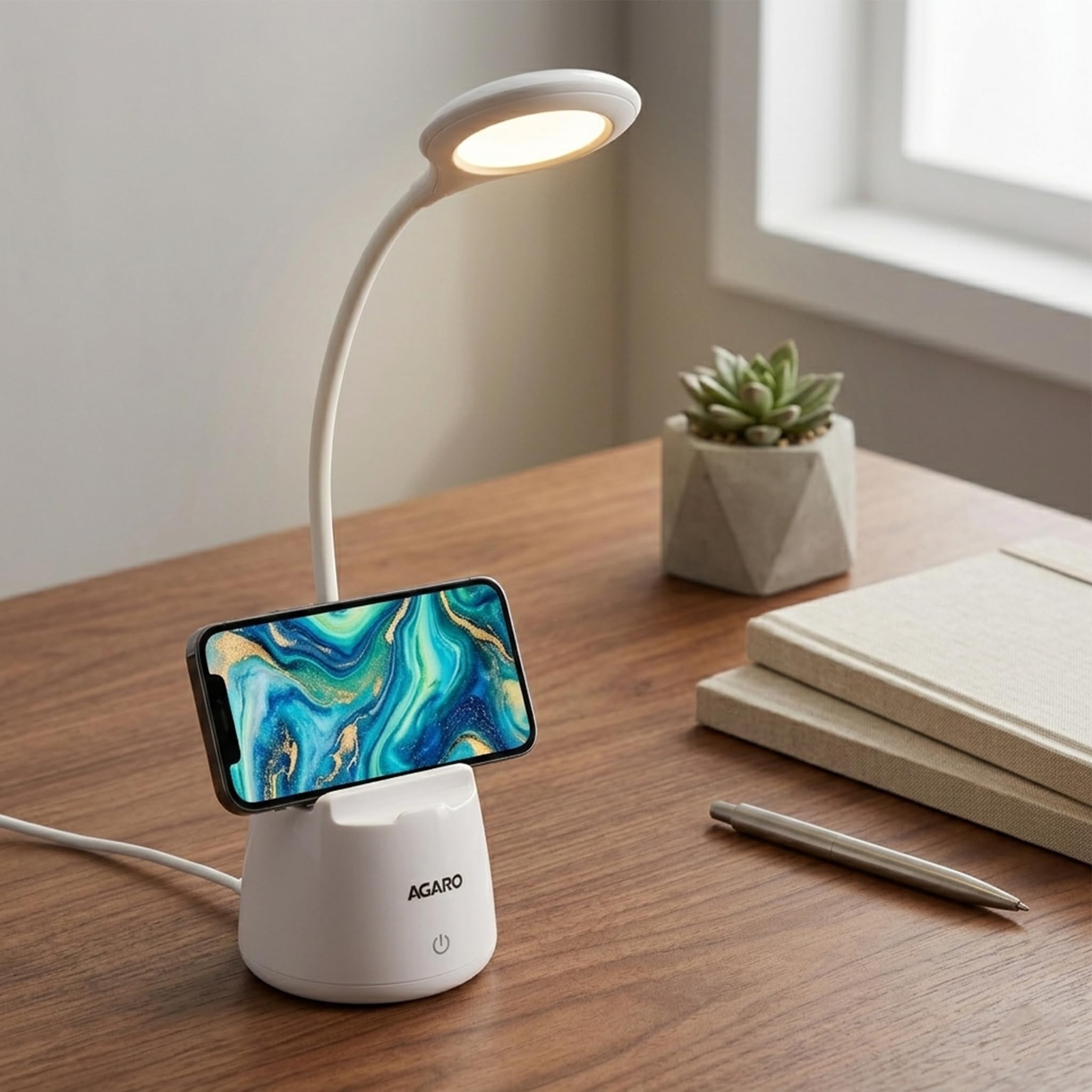 AGARO Regency 5W LED Desk Lamp rechargable with Touch Control, Different Bright Modes, 360° Rotating Flexible Gooseneck, Pen Holder & Mobile Stand, Study Table Light – White-image-37