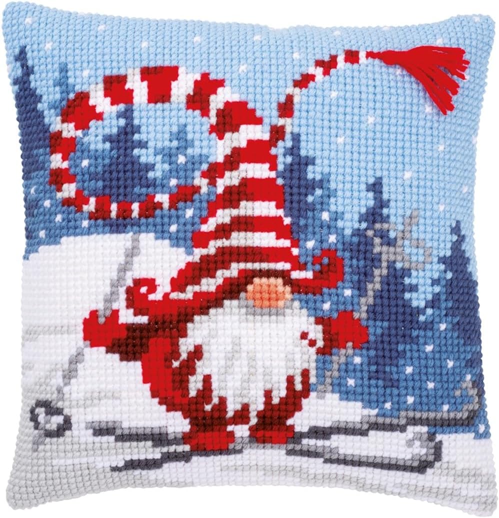 Vervaco Cross Stitch Christmas Embroidery Kits Pillow Front for Self-Embroidery with Embroidery Pattern on 100% Cotton, 15,75 x 15,75 Inches - 40 x 40 cm, Christmas Gnome Hat