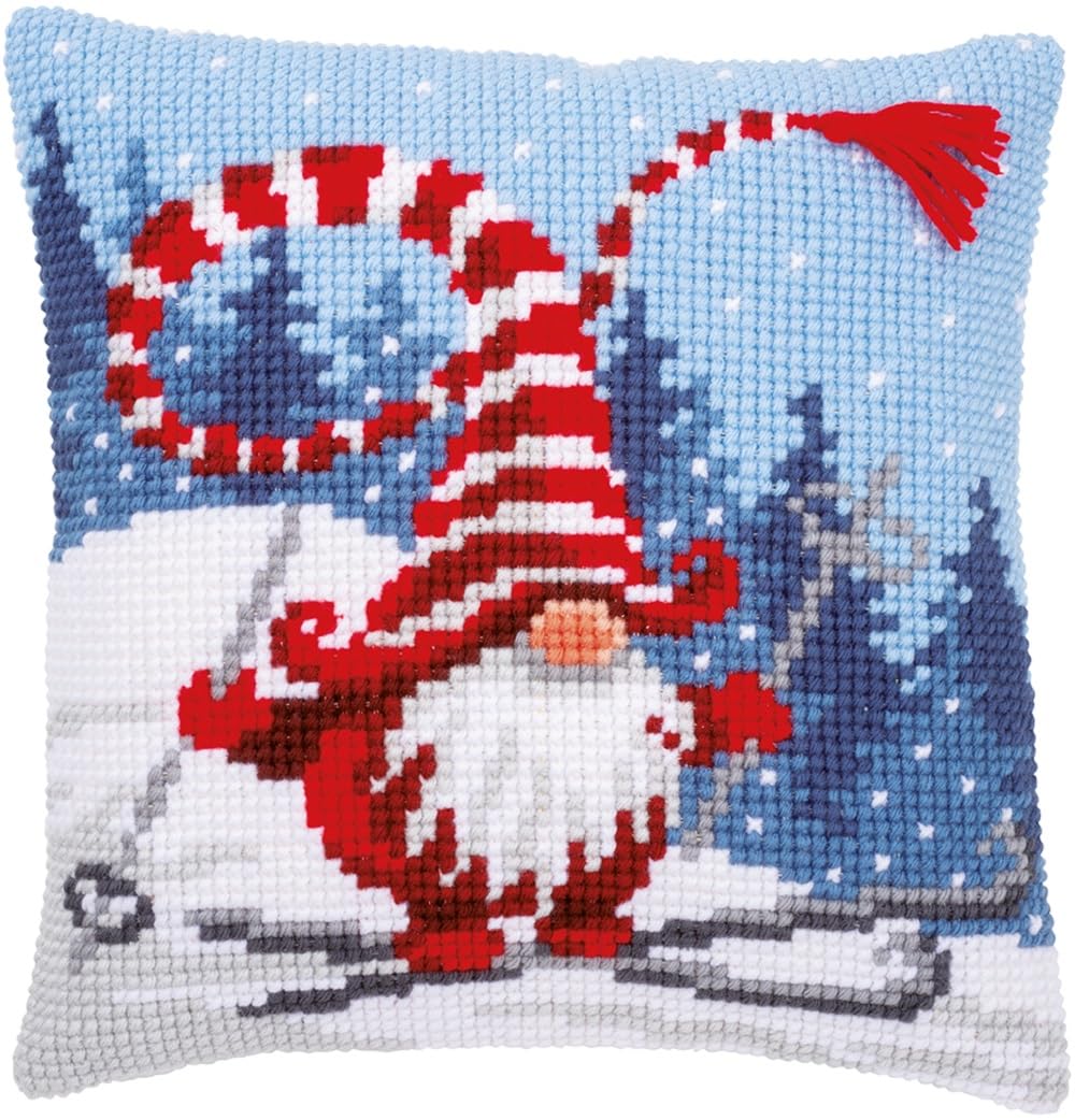 VERVACO Punto De Cruz Kit Cojin Decorativo DUENDE DE NAVIDAD EN ESQUÍ Manualidades Adultos Decoracion Bordar Kit Principiantes Completo DIY Bordado Creativo Regalo ca. 40x40 cm Cross Stitch