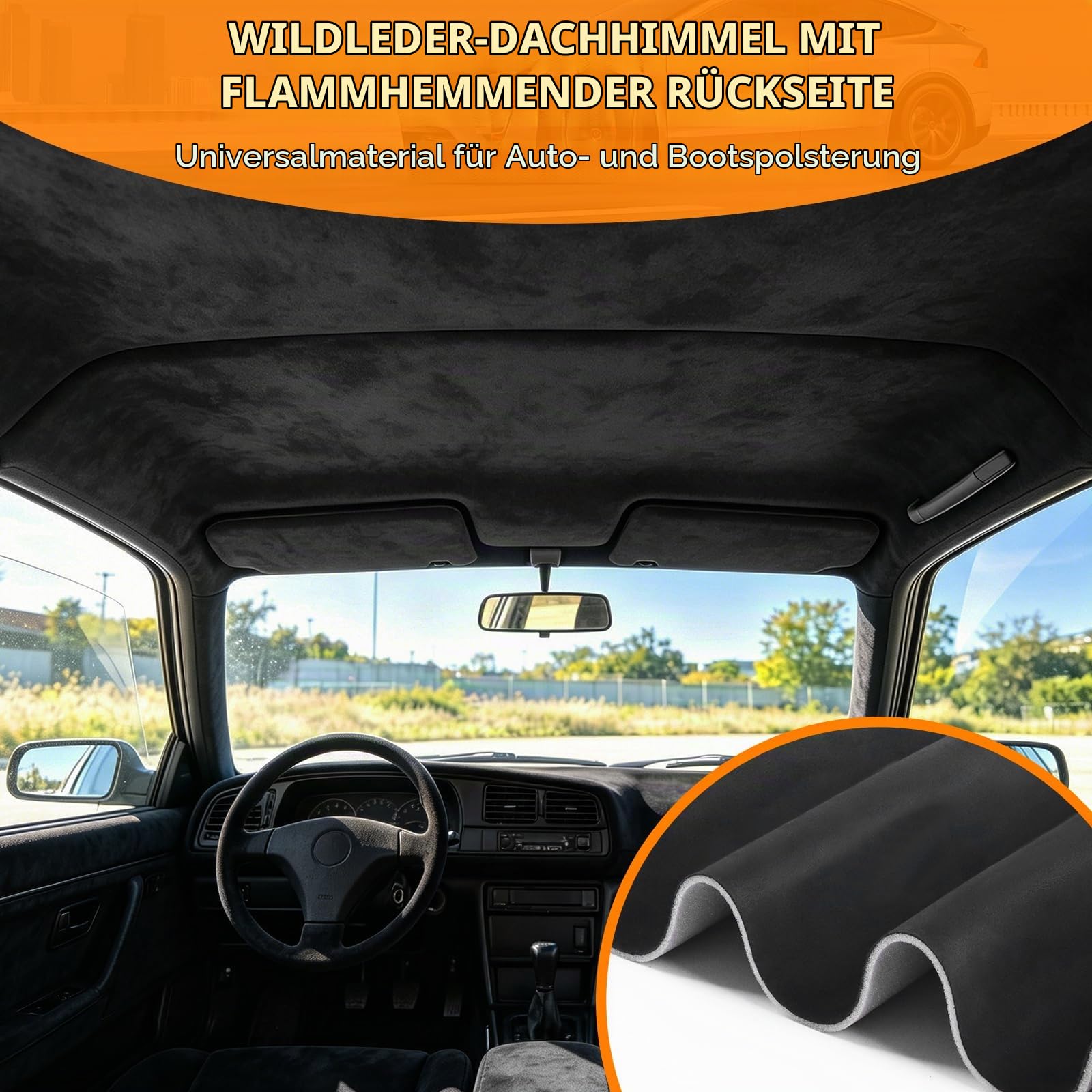 Wildleder Dachhimmel Stoff mit flammsicherer Schaumstoffrückseite, 245 x 150 cm, Autohimmelstoff für DIY Reparatur, Innenraumverkleidung, für Auto, LKW, SUV, Wohnmobil, Caravan, Boot, Schwarz