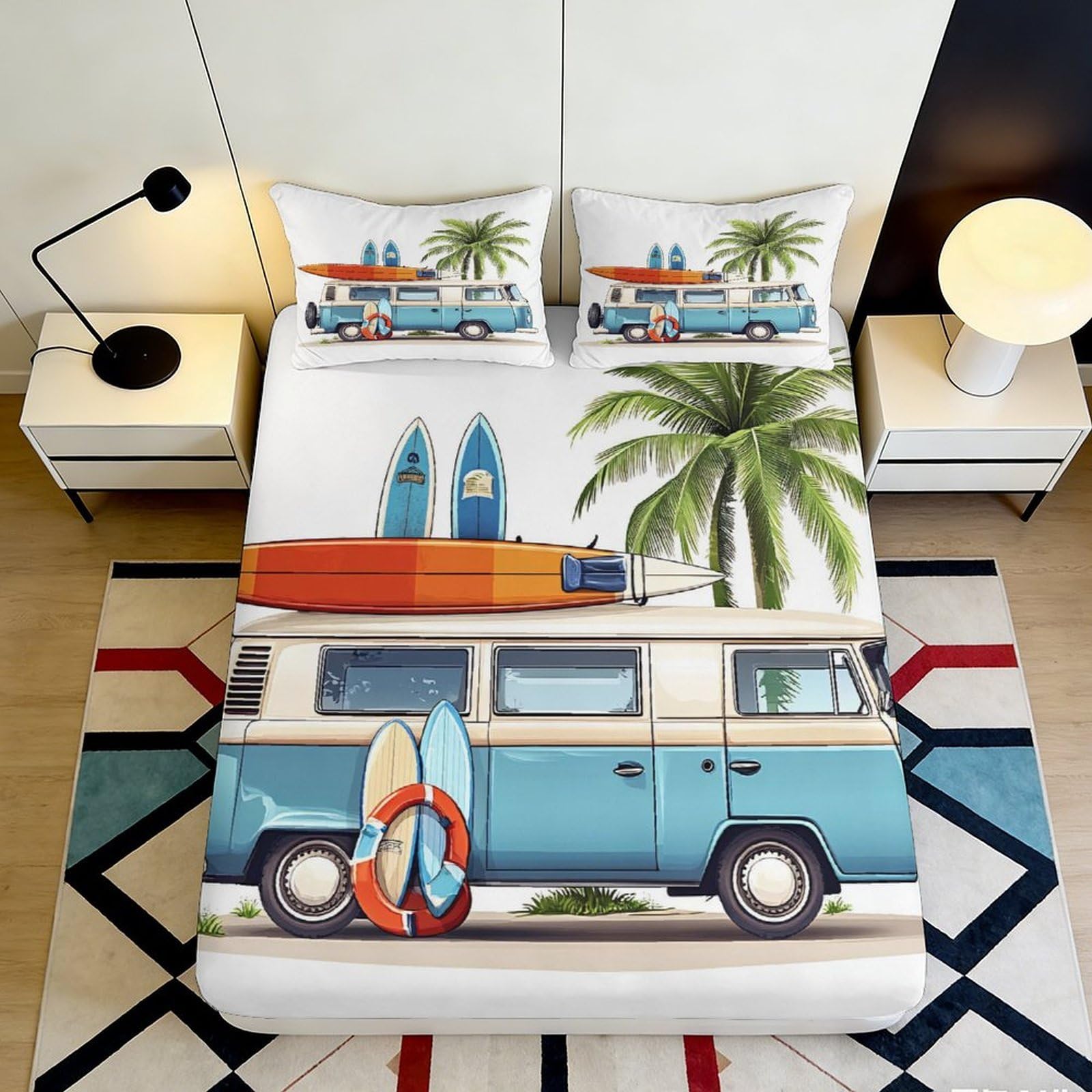 Jqzkxnhpbr Style-2 3D Printed Retro Camper Fitted Sheet Microfiber Soft Breathable Palm Tree Mattress Cover For Bedroom Guestroom Decor 90X200x25cm