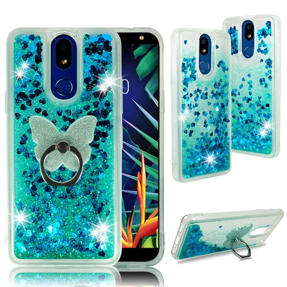 ZASE Design for LG Prime 2/LG Aristo 4 Plus/Escape Plus/K30 2019/Arena 2 Clear Case Liquid Glitter Sparkle Bling Waterfall Cute Girls Women Protective w/Phone Ring (Teal Blue)