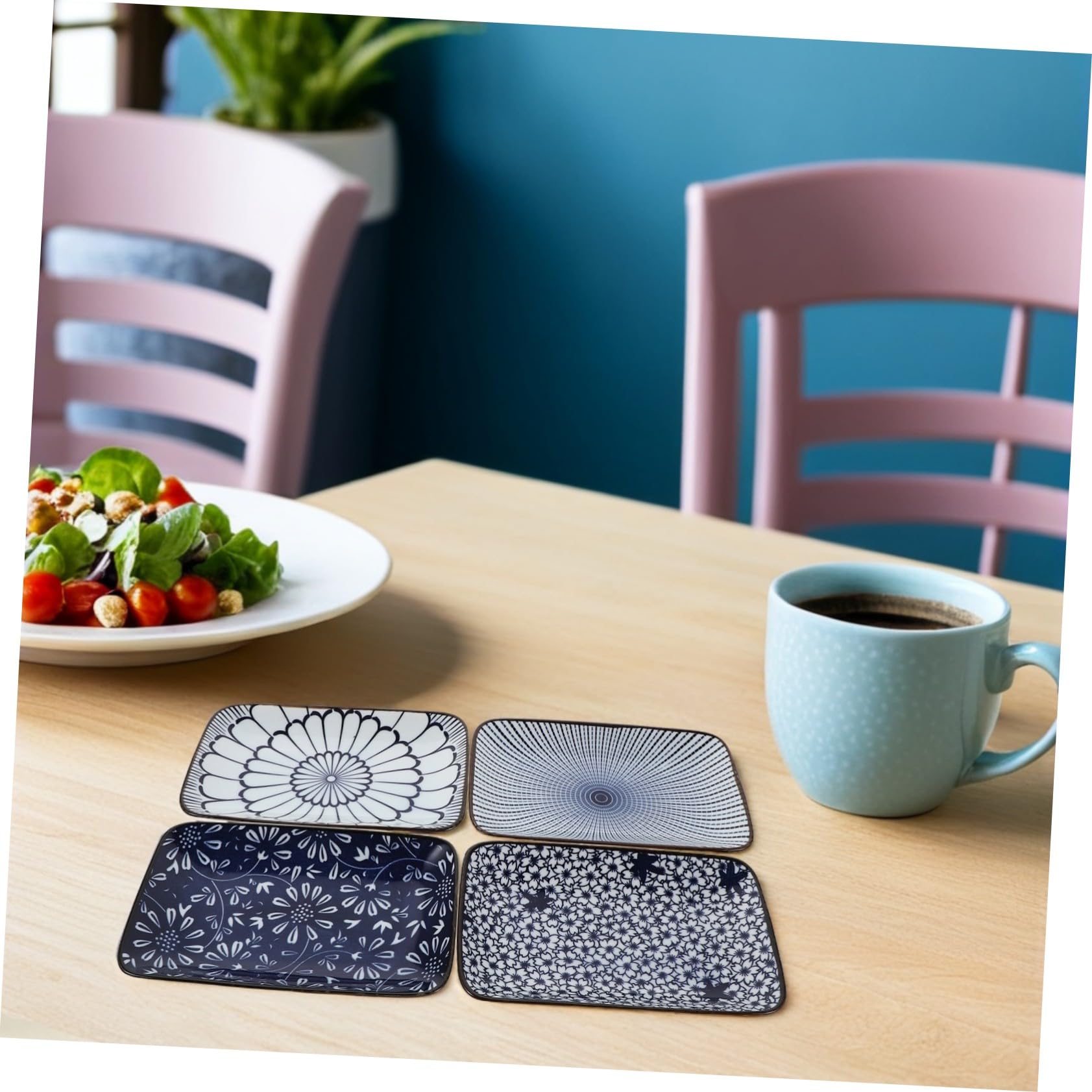 COLLBATH de Style Japonerie Assiettes Rectangulaires en Céramique Ensemble de 4 Design Vintage, Résistance aux Éclats, Gain de Place Cuisine et Repas Formels pour Sushi et Dessert