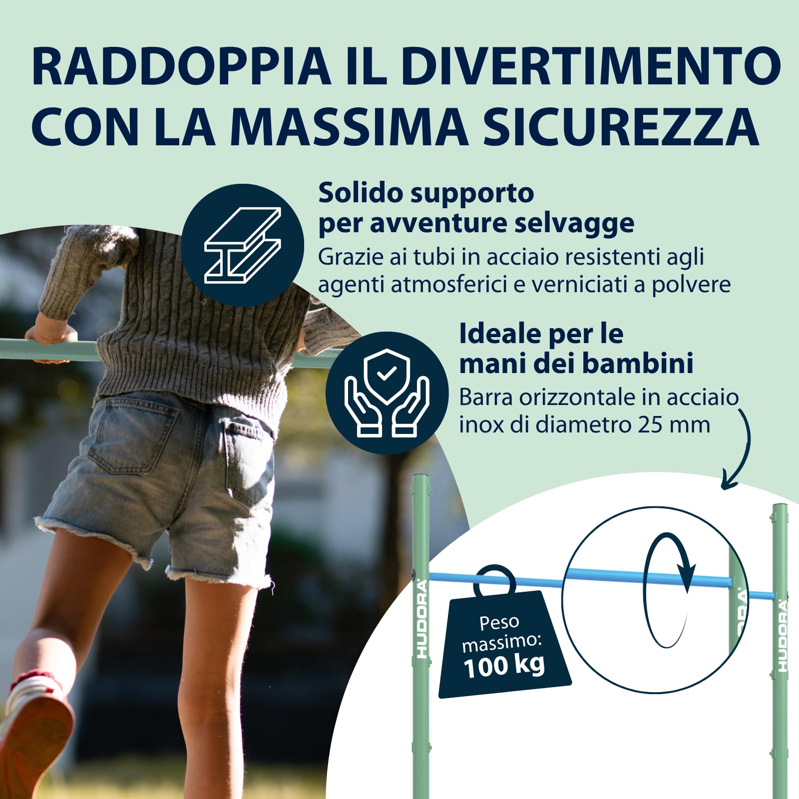 HUDORA Sbarra per trazioni Fabian Standard - Sbarra doppia per bambini e adulti - Sbarra da ginnastica regolabile su 4 altezze - Sbarra fitness robusta da esterno fino a 100kg - mint