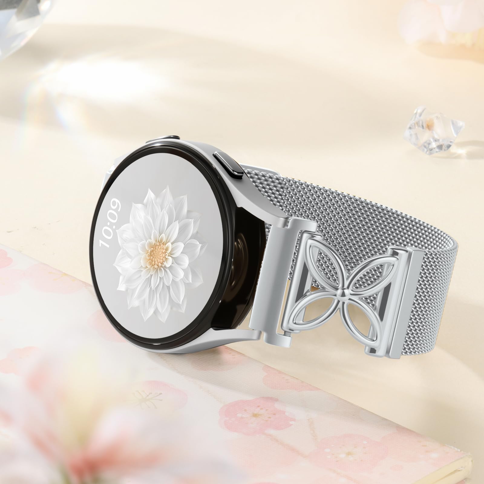 Getino Metall Magnet Armband Kompatibel mit Galaxy Watch 7, Galaxy Watch 6 Classic Band FE 5 Pro 4 Active 2 20mm, Milanese Floral Elegant Armband für Samsung Watch Armband 40mm 44mm 45