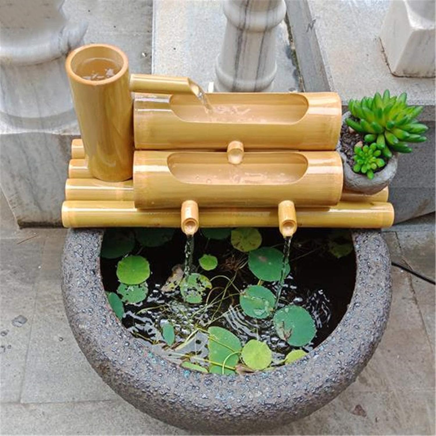 Bamboo Fountain Decor, Poly Resin Pouring Bamboo Fountain Water Spout with Pump, Garden Decoration, Waterfall, Outdoor Japanese Garden Feature,50cm Decoration
