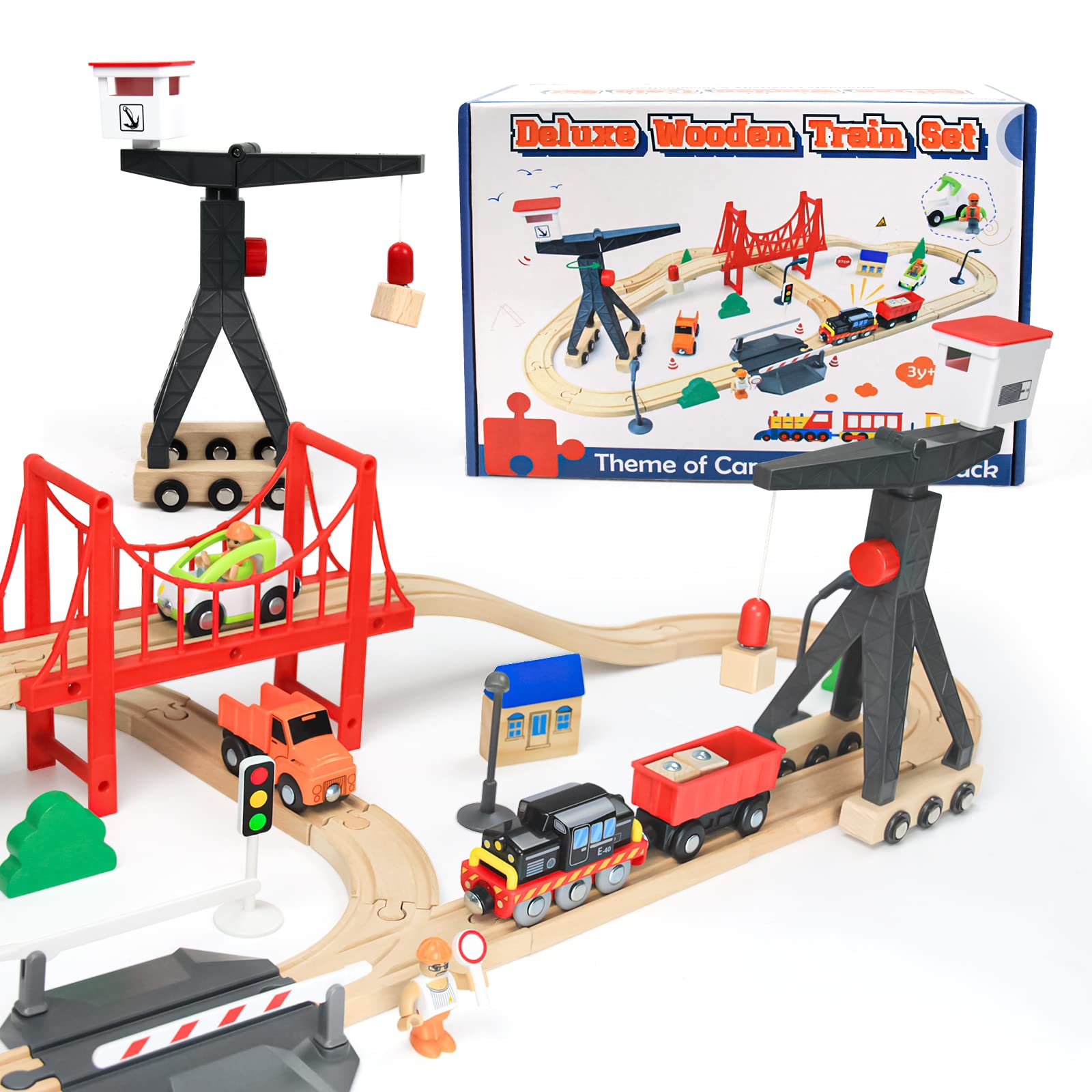 WOOD CITY Wooden Train Set, 56Piece Deluxe Kids Toy Train Set for 2 3