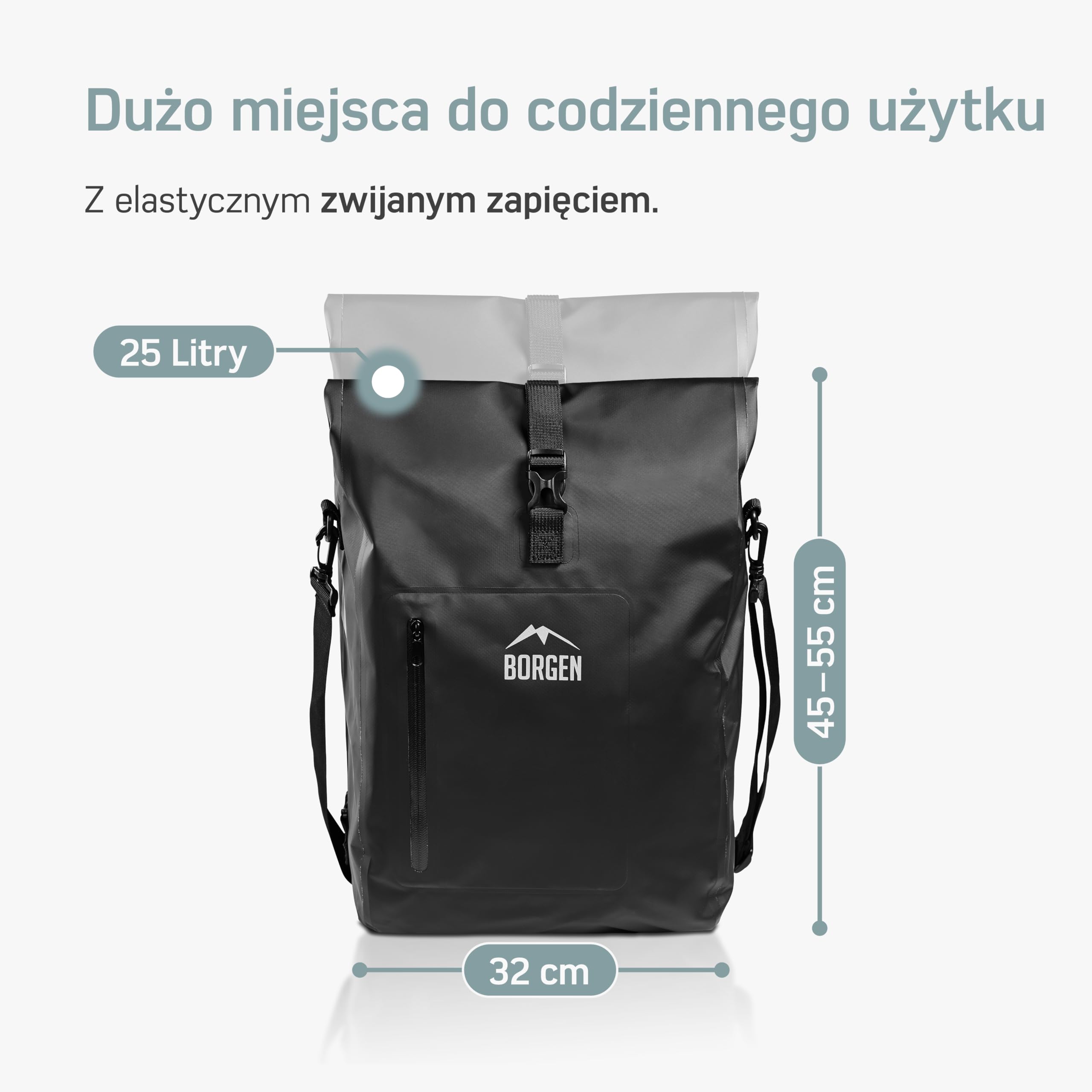 Borgen Torba na bagażnik rowerowy, 25 l, w 100% wodoszczelna, uchwyt i pasek na ramię, torba na bagażnik