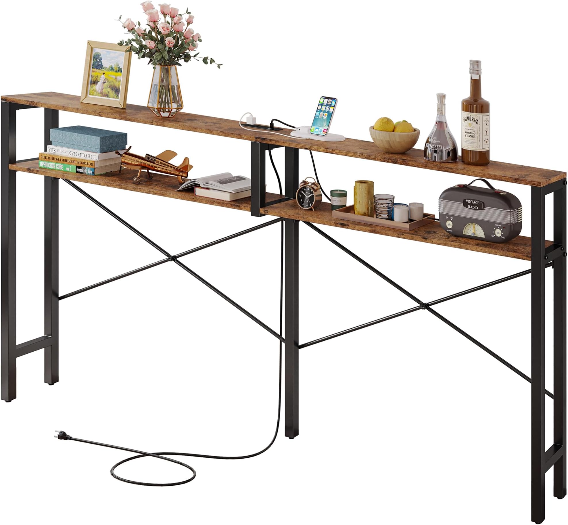 IRONCK Console Table with Power Outlet, Long Sofa Table with Shelves and X-Shaped Design, Narrow Sofa Entryway Behind Couch Table for Living Room and Hallway, Vintage Brown