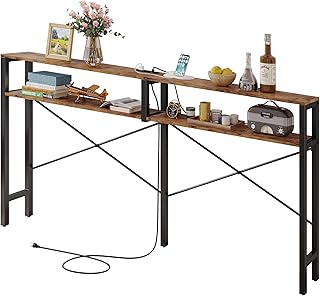 IRONCK Console Table with Power Outlet, Long Sofa Table with Shelves and X-Shaped Design, Narrow Sofa Entryway Behind Couch Table for Living Room and Hallway, Vintage Brown