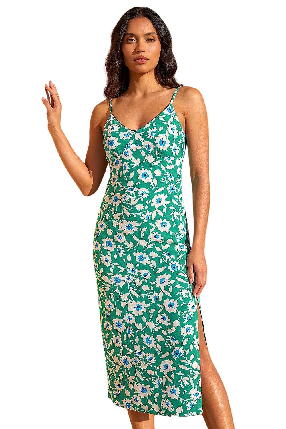 Roman Women's Green Floral Strappy Stretch Midi Dress Size 8
