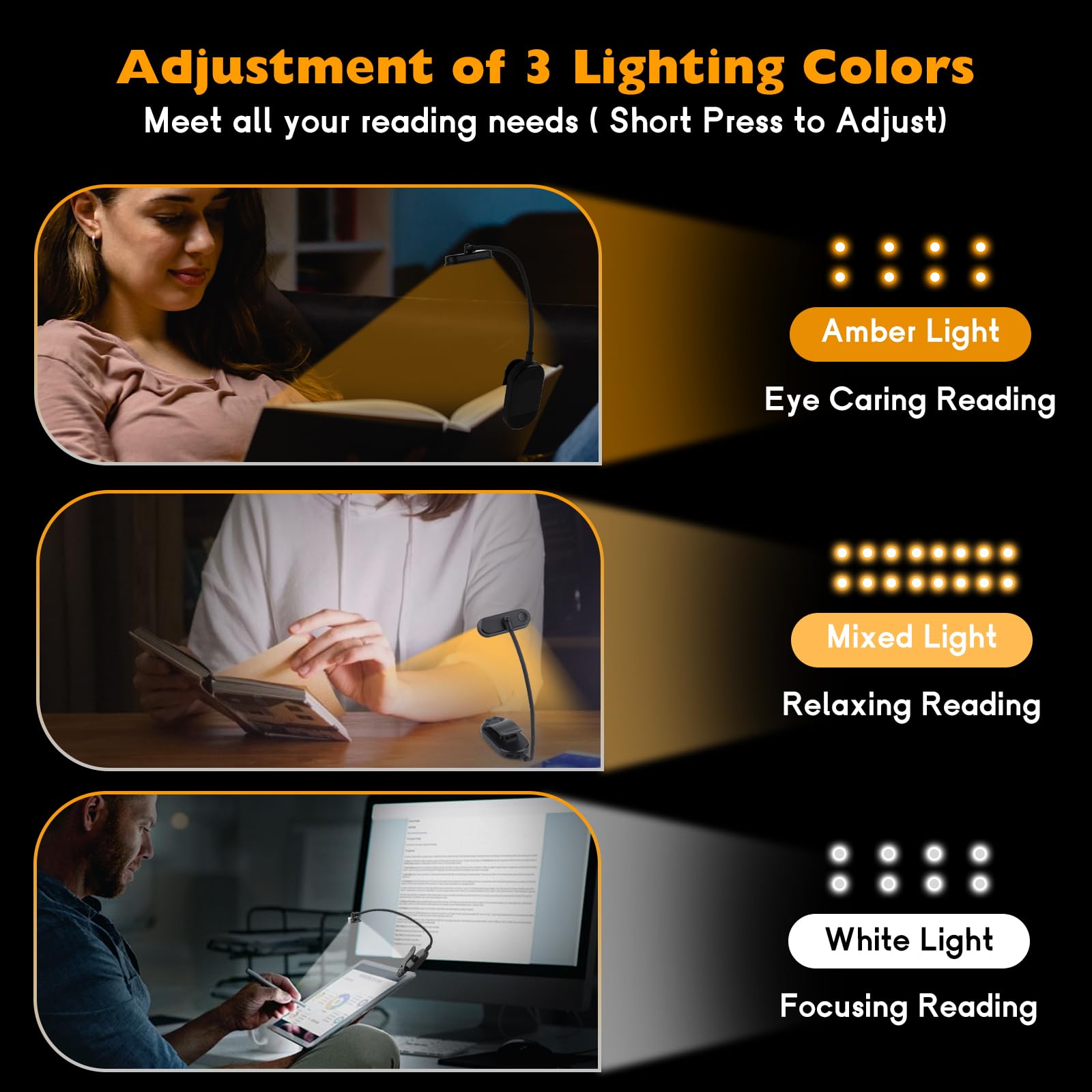 LWMTT Lampe De Lecture Pince 16 LED Rechargeable – 3 Températures – Flexible 360° – Idéale Livre, Lit, Bureau, Enfant, Voyage