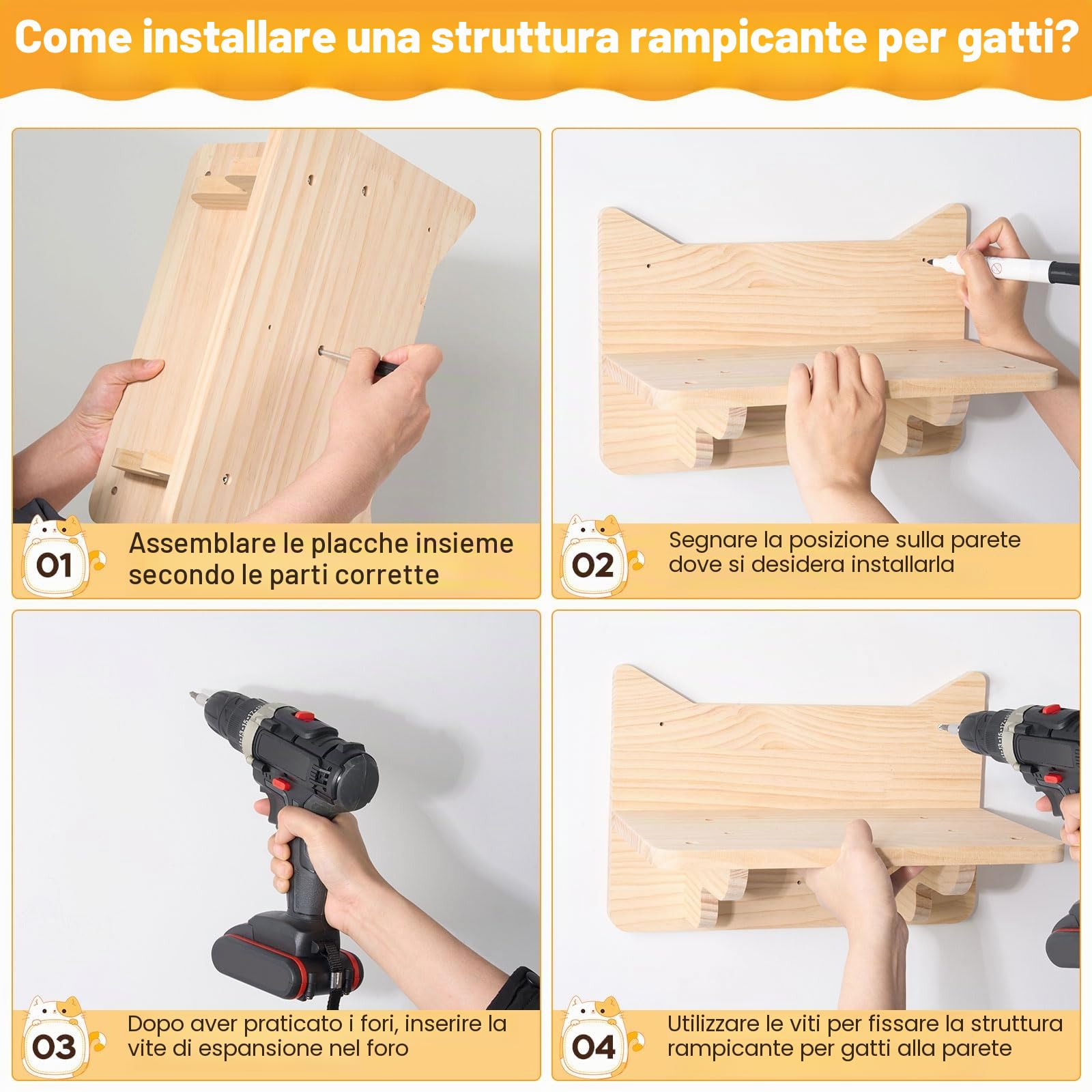 Parete per arrampicata gatto, set 5 scaffali legno stabili
