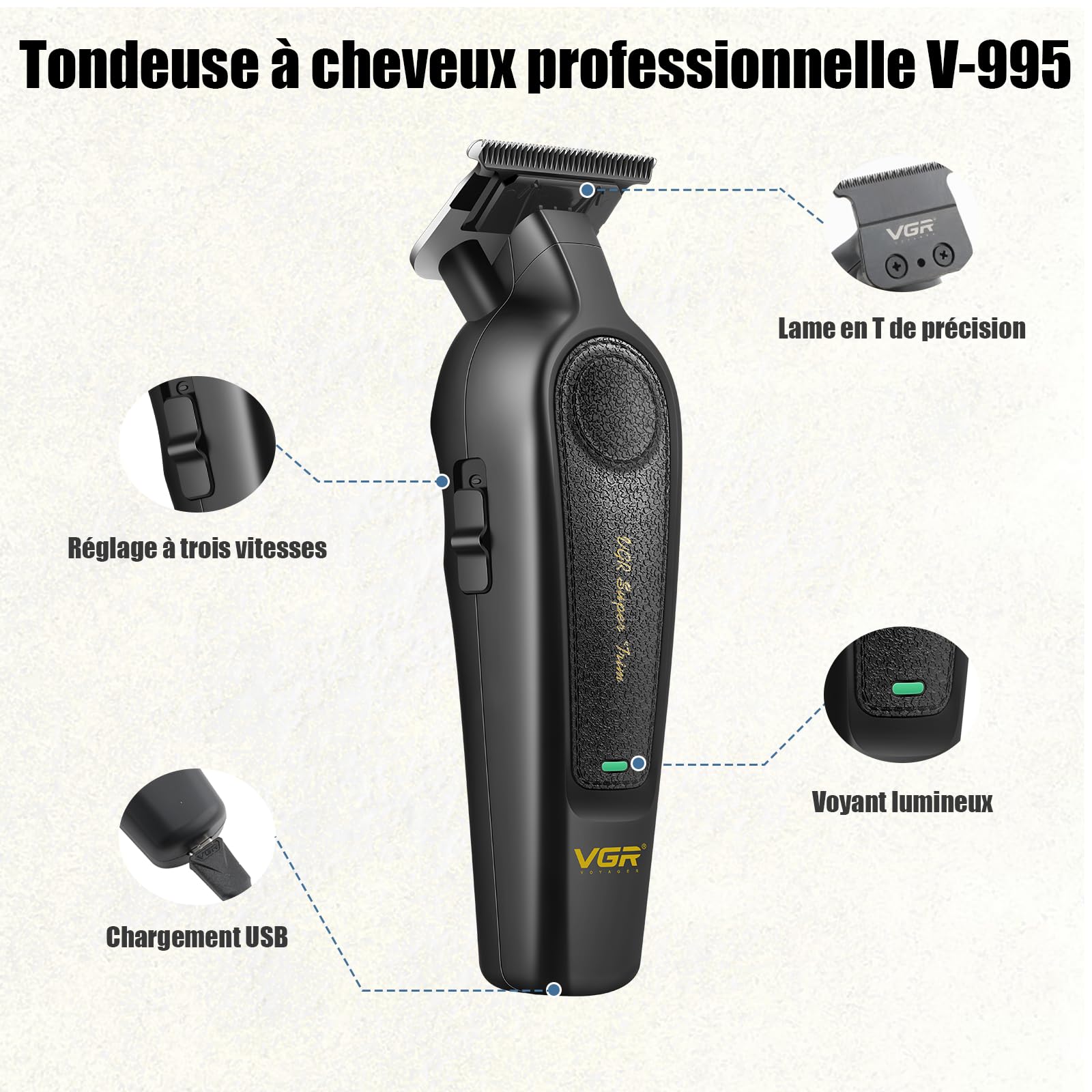 VGR 197 & 995 Tondeuse Cheveux Hommes Professionnel Sans Fil, Voyant LED | Tondeuse Cheveux et Barbe Homme Set avec Lames en Céramique, Barber Kit avec 10 Peignes de Guidage et Peigne