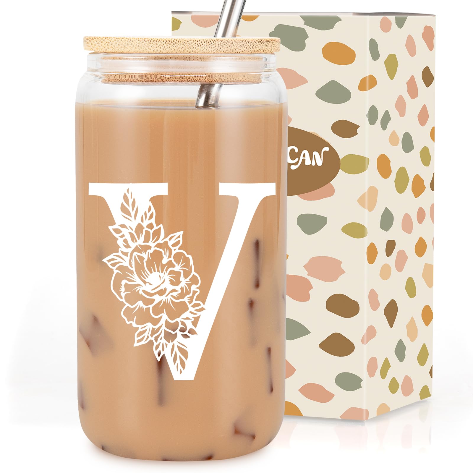 Coolife Initial Glass Cup, Monogrammed Gifts for Women, 16 oz Tumbler w/Lid