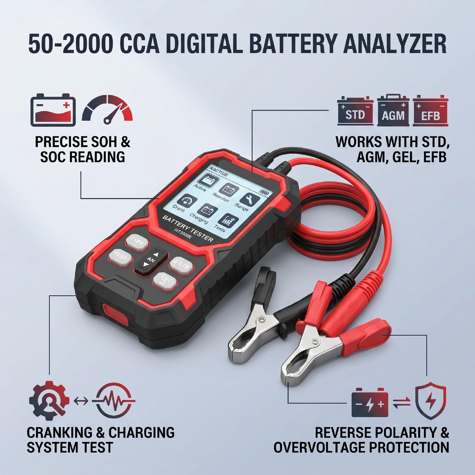 ASHATA Analyseur de Batterie Numérique 50-2000 CCA, Testeur Précis pour Motos, Bateaux, Berlines, Facile à Utiliser, Boîtier TPE Durable