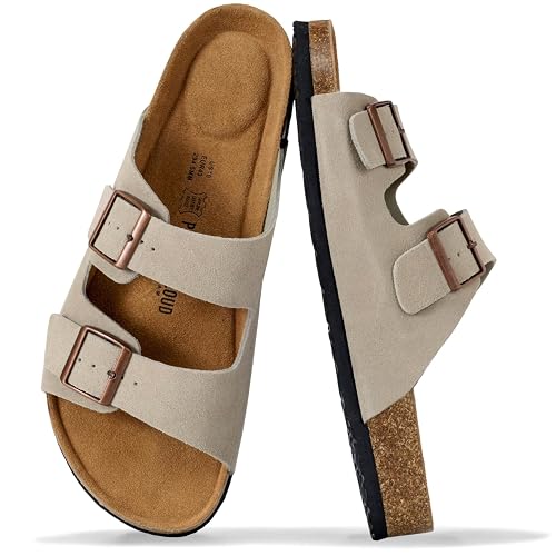 Project Cloud Mens Sandals, 100% Genuine Leather Mens Slides | Memory Foam Insole & Cork Footbed Slides for Men Footwear Non Slip Summer Sandals for Men & Lightweight Sandals Men