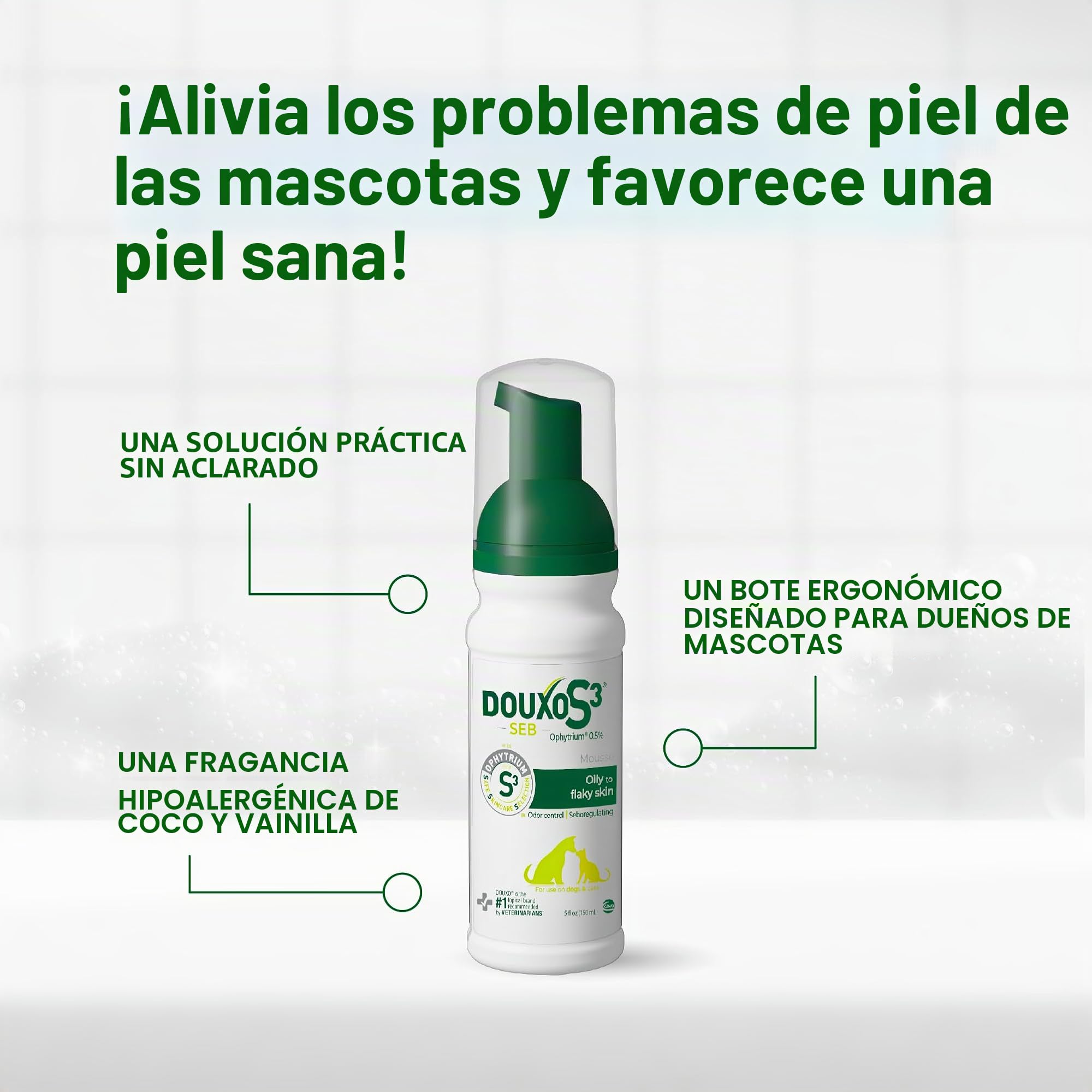 Douxo S3 SEB Mousse, Contiene 0.5% de ofitrio, Control de olores y seborregulador, para Piel Grasa a escamosa, seborrea, para Perros y Gatos, 5 onzas líquidas