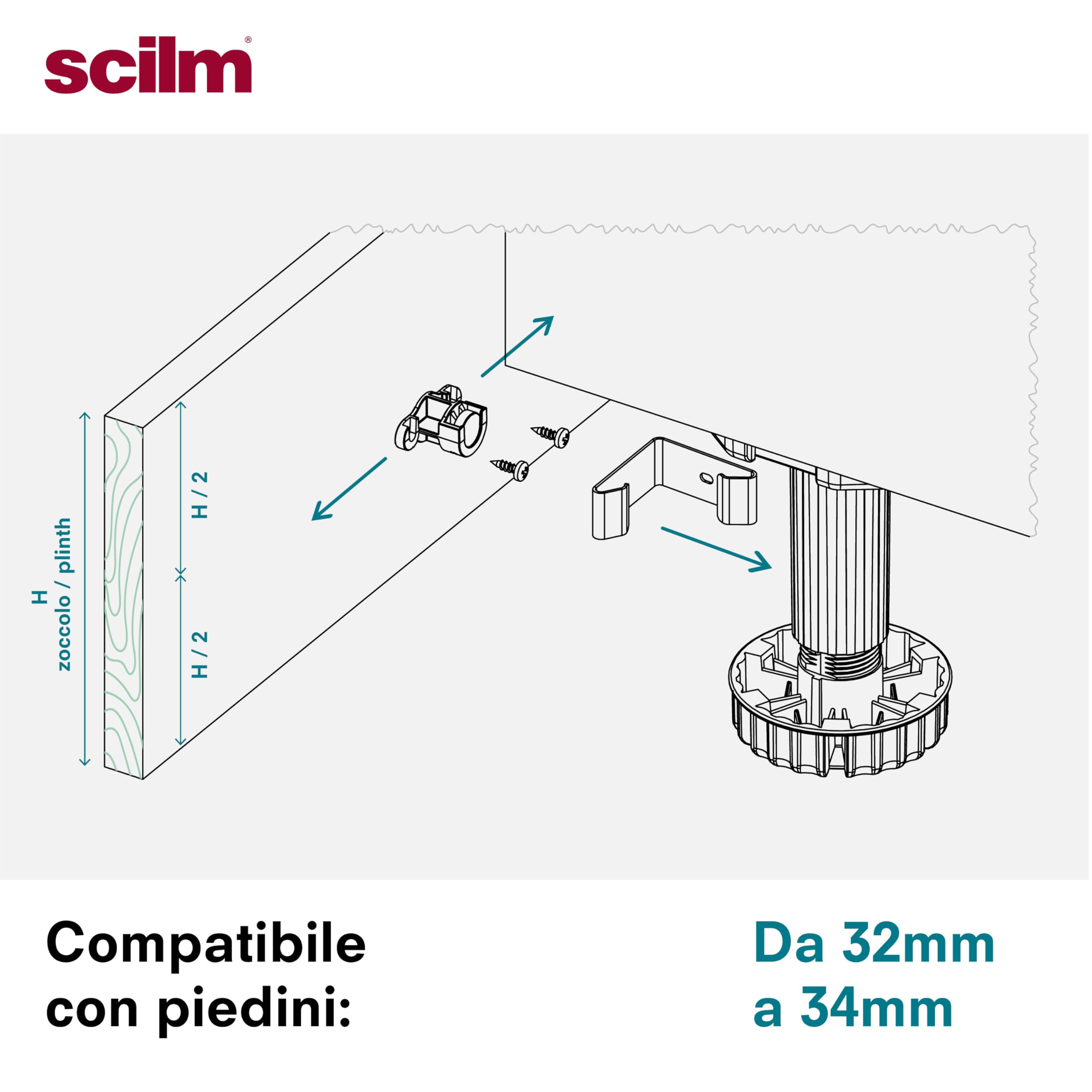 Kit 10 Ganci Magnetici e 8 Ganci Piedino per Zoccolo in Legno da Cucina - Compatibile con i piedini da 34 mm di Diametro e regolo con diametro 80 mm - Leva per Sgancio Zoccolo inclusa