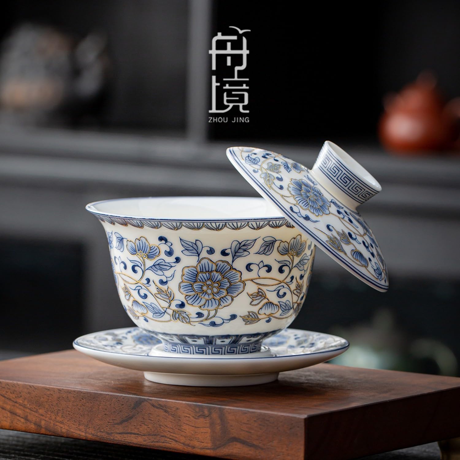 Gongfu tea sets,Portable Ceramic TeaSet,Home,Gifting,Outdoor and Office 青花缠枝莲三才悬停旋转盖碗 Gaiwan Teacups 单个