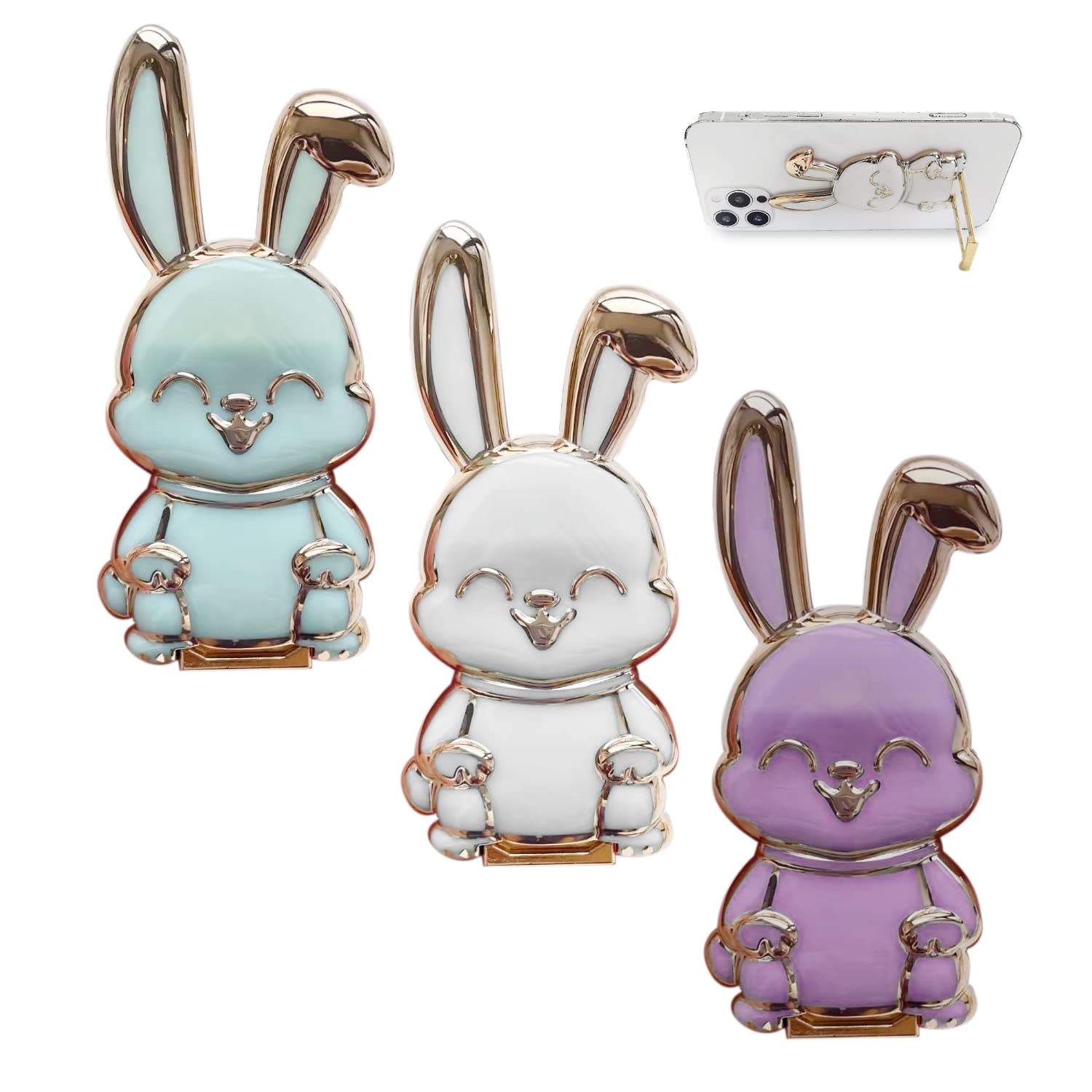 Rabbit Mobile Phone Holder Set of 3, 3D Table Mobile Phone Stand, Mobile Phone Stand with Telescopic Rod, Foldable Rabbit Mobile Phone Stand
