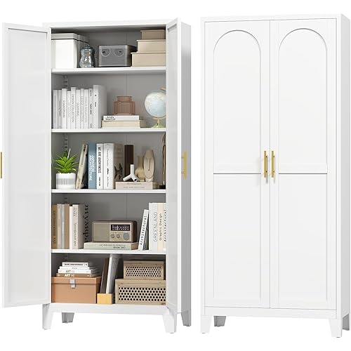 70.87" H Metal Kitchen Pantry Cabinet, Freestanding Cupboard with 2 Doors and 4 Adjustable Shelves, Tall Metal Storage Cabinet for Kitchen, Bathroom, Dinning Room or Laundry Room （White）