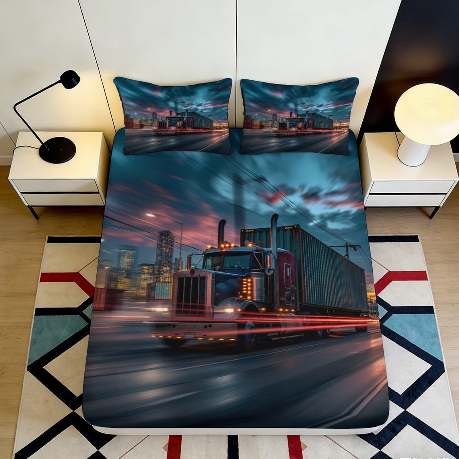 Pnayamiorkfel Style-4 3D Printed Night City Truck Fitted Sheet Microfiber Soft Non-Slip Urban Road Bed Cover For Bedroom Guest Room 90X200x25cm