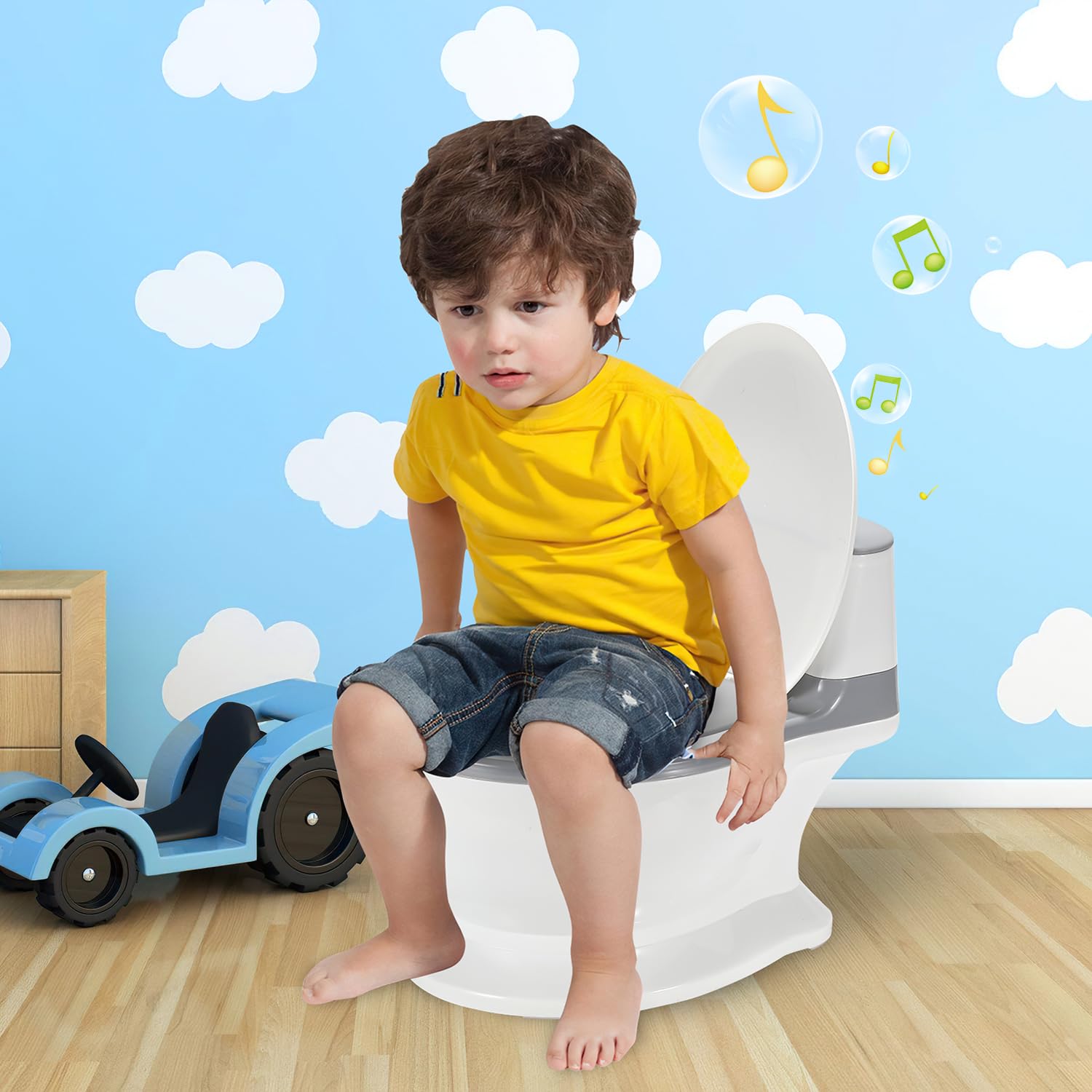 Ikodm Kinder töpfchen mit Spülgeräusch,Toilettentrainer für Kinder mit Sound und Batterien,Töpfchen für kinder weiches PU-Kissen,mit Pinsel Grau weiß