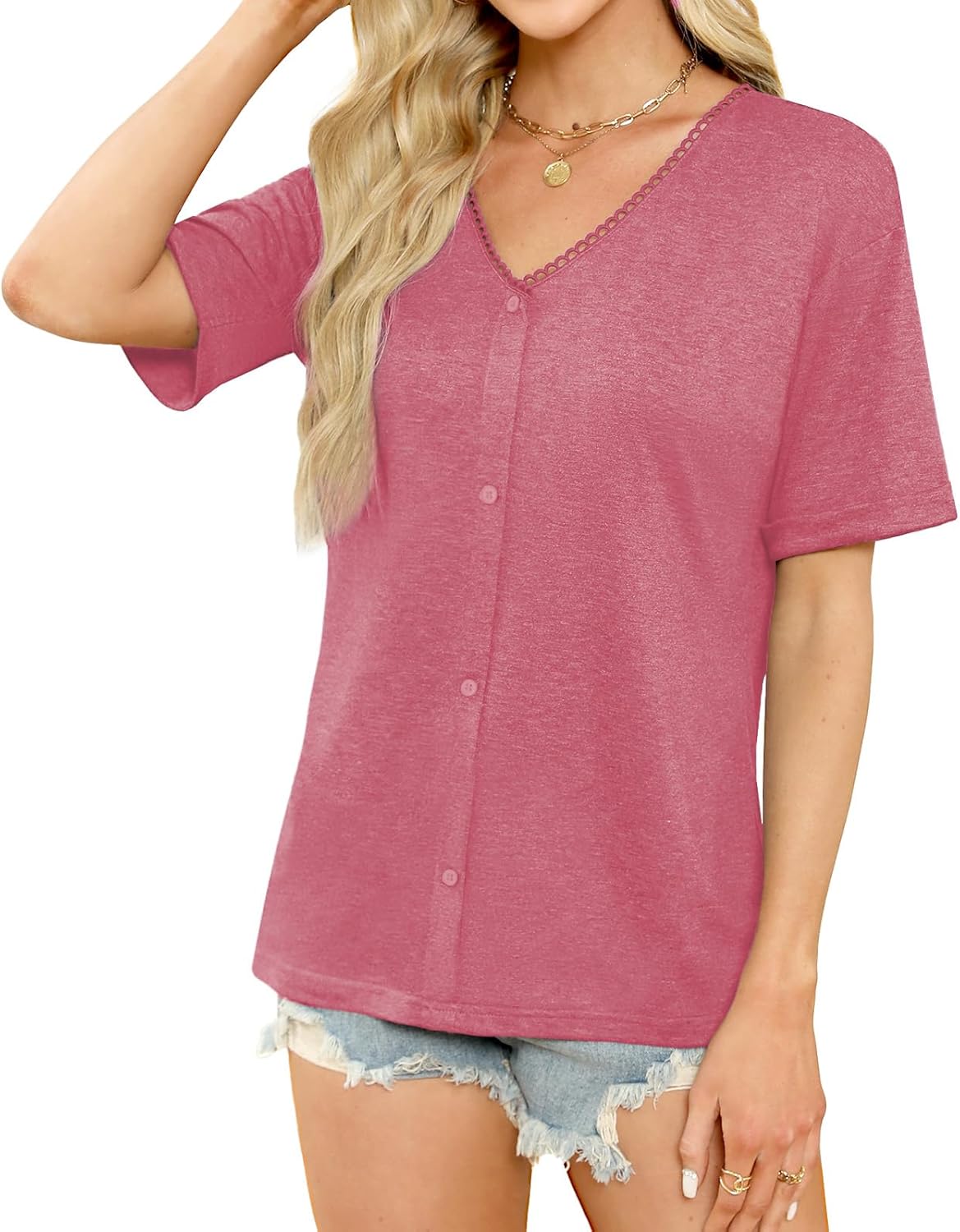 Womens Fashion Two-Way Wear Tops Summer Button Down Shirts Short Half Sleeve Blouses - Image 5