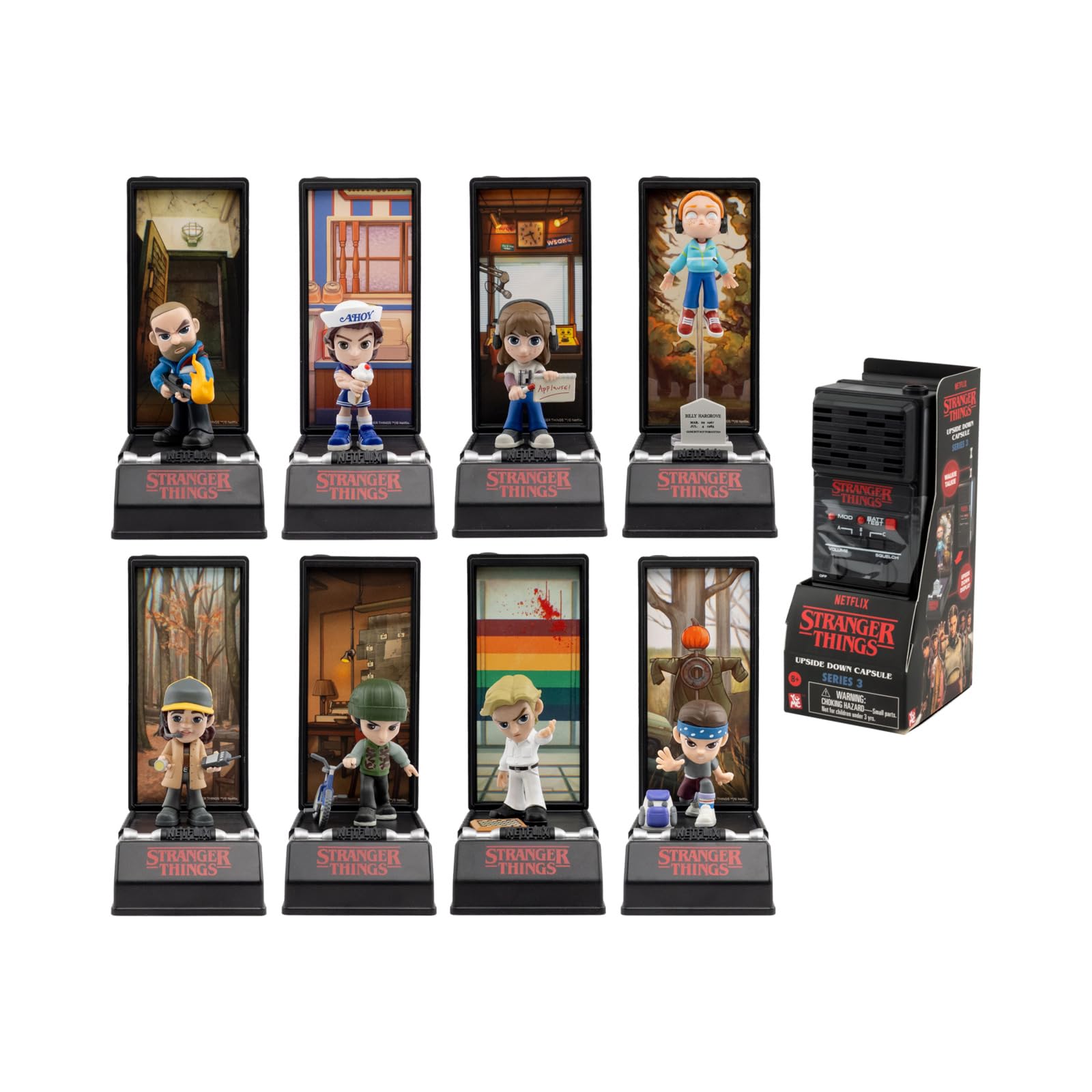 YuMe - Stranger Things Blind Box, 1 von 8 Mini Figuren mit Walkie-Talkie, Sammelfigur mit Display-Stand, Netflix Merch für Fans der Serie