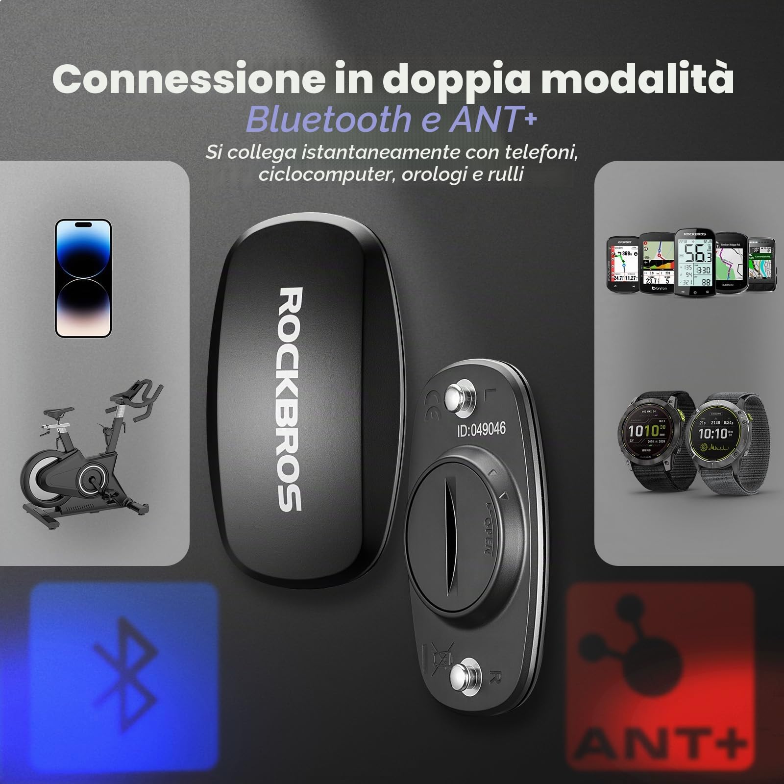 ROCKBROS Fascia Cardio Bluetooth e ANT+, Cardiofrequenzimetro da Braccio con Fascia Sensore di Frequenza Cardiaca in Tempo Reale, Impermeabile IP67, Compatibile con Strava Zwift Wahoo Garmin