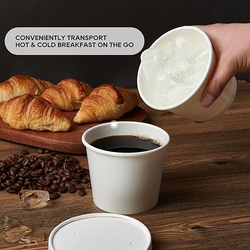 Miniatura 3 de Paquete de 50 recipientes de sopa de papel de 8 onzas con tapas vasos desechables de papel kraft para alimentos tazas de helado almacenamiento de