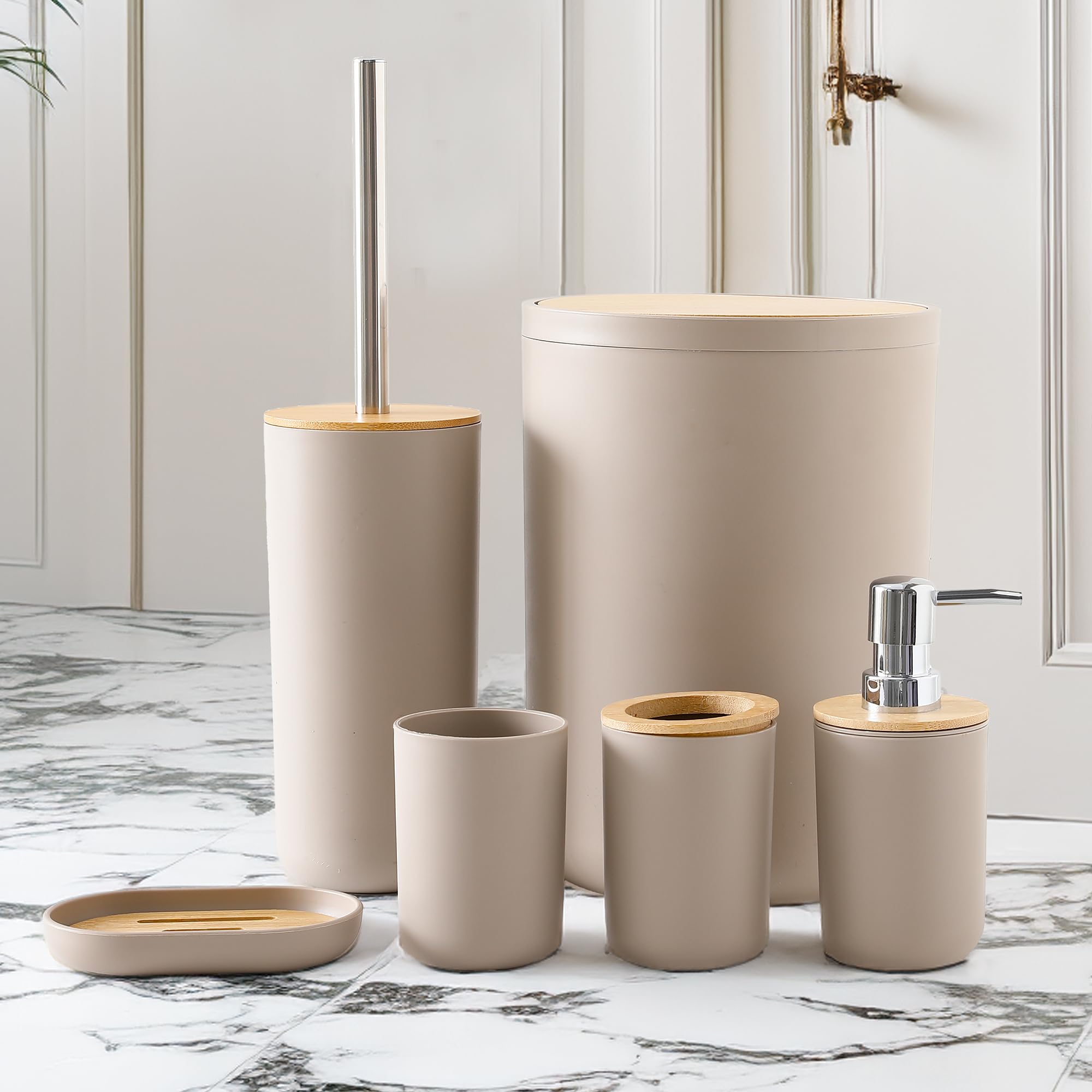UMAI Bathroom Accessories Set | 6 Piece| Soap Dispenser for Bathroom| Tooth Brush Holder| Mouth Wash Cup| Toilet Brush with Holder | Dustbin for Bathroom Soap Dish | Warm Grey (Pack of 6) (B0DCVTGB6X) Amazon Price History, Amazon Price Tracker