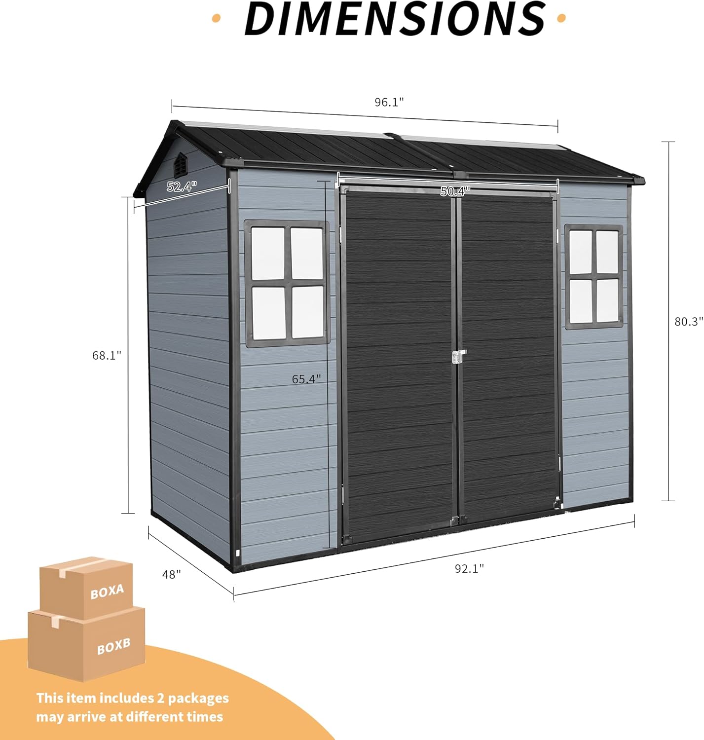 KUIKUI 4x8 FT Resin Storage Shed with Floor, Storage Sheds Plastic Sheds, Plastic Shed with Floor Included with 2 Windows and Lockable Door for Garden Tools Bike, Gray and Black