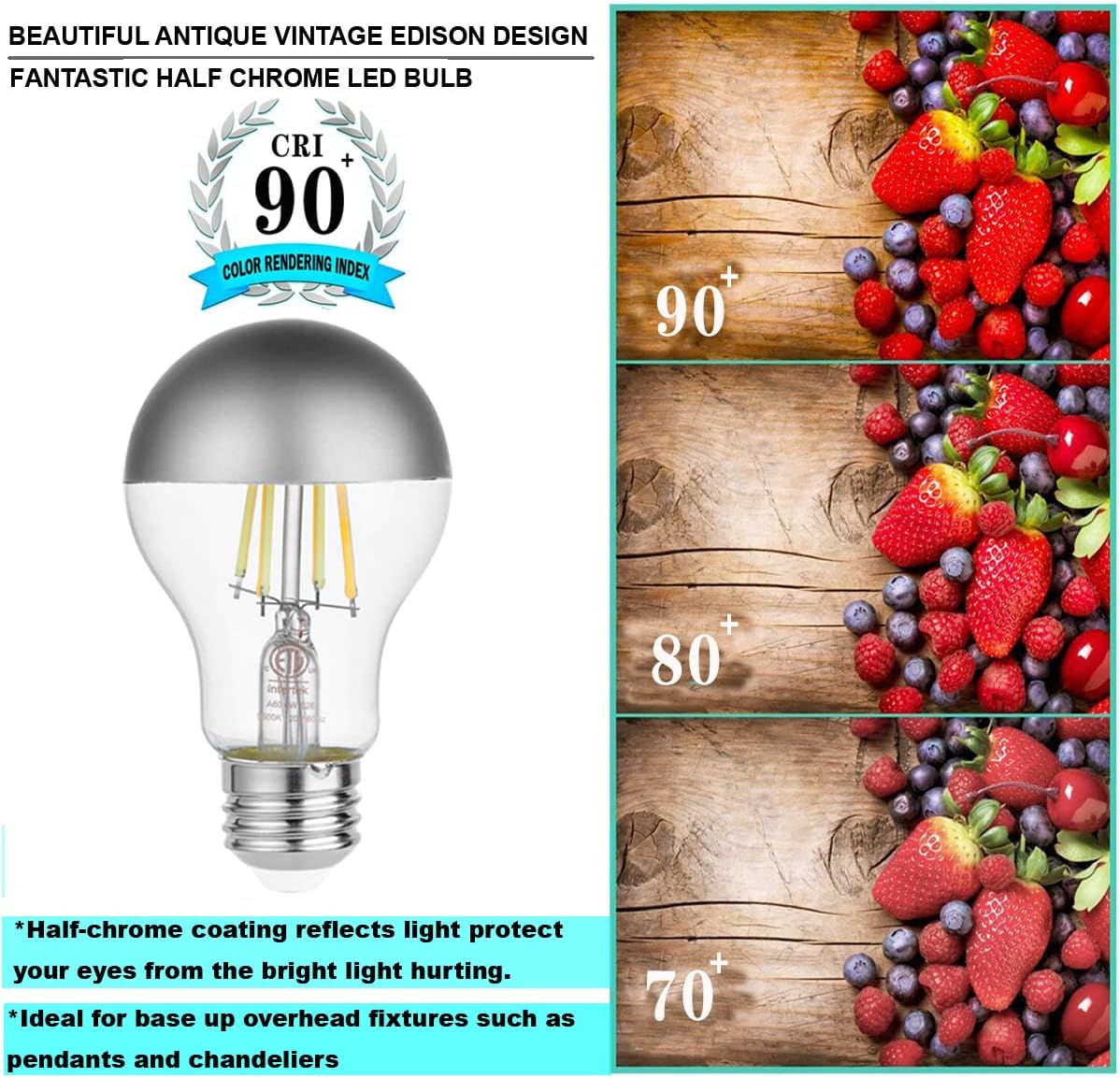 Half Chrome LED Light Bulbs,Dimmable 6W (Equivalent 60Watt) Edison Bulbs,5500K Cool White,A19 Half Grey Dipped Anti-Glare LED Bulbs,Decorative Mirror Bulb,CRI 90+ E26 Base Pack of 5