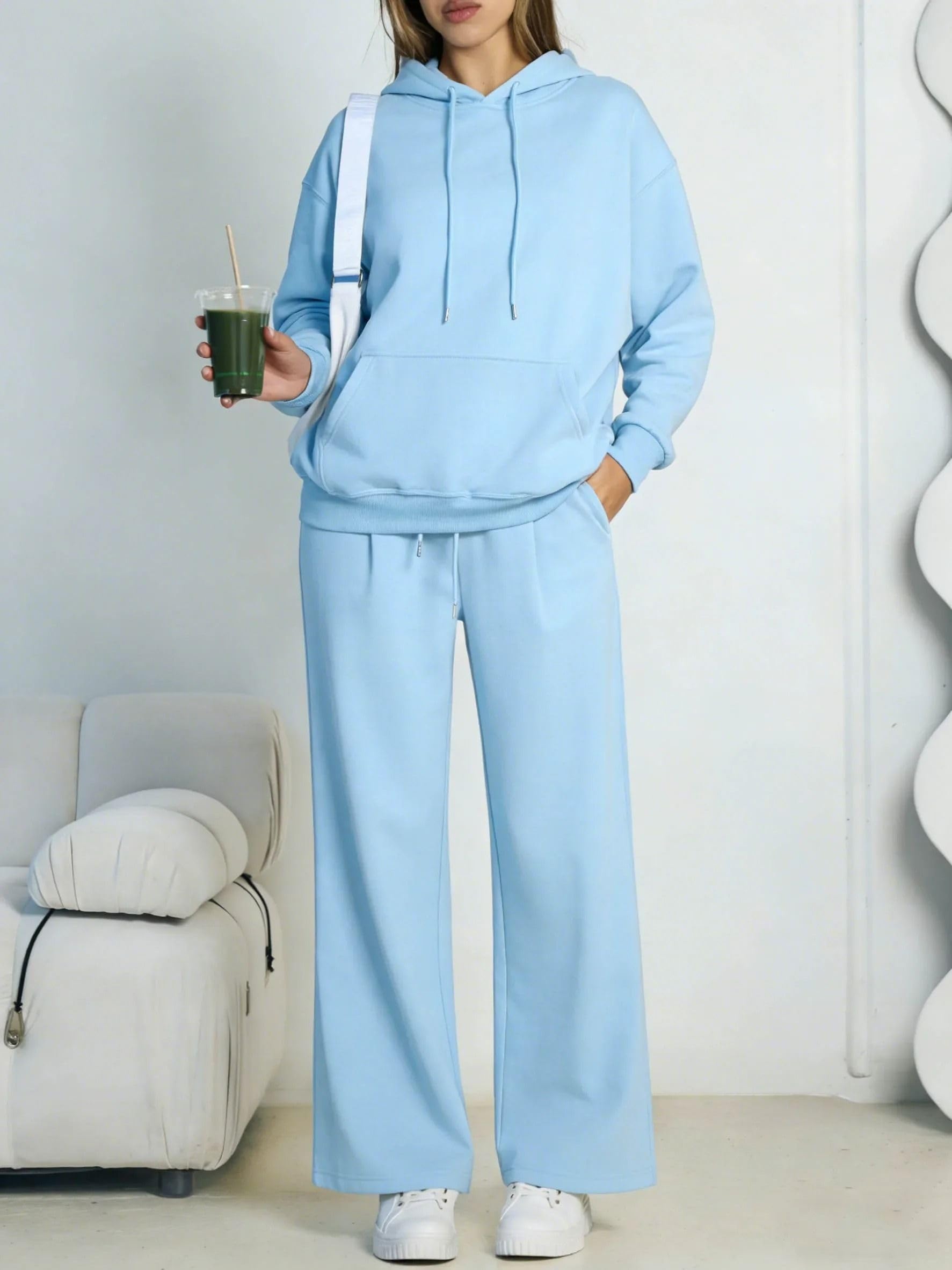 Ensemble 2 pièces sweat à capuche pour femme, sweat et pantalon large décontracté