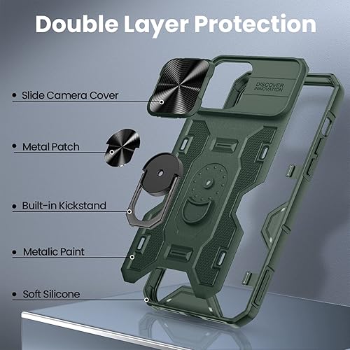 Miniatura 7 de VEGO Funda para iPhone 13 Pro Max, iPhone 12 Pro Max con cubierta de lente deslizante incorporada con soporte de anillo giratorio de 360, funda