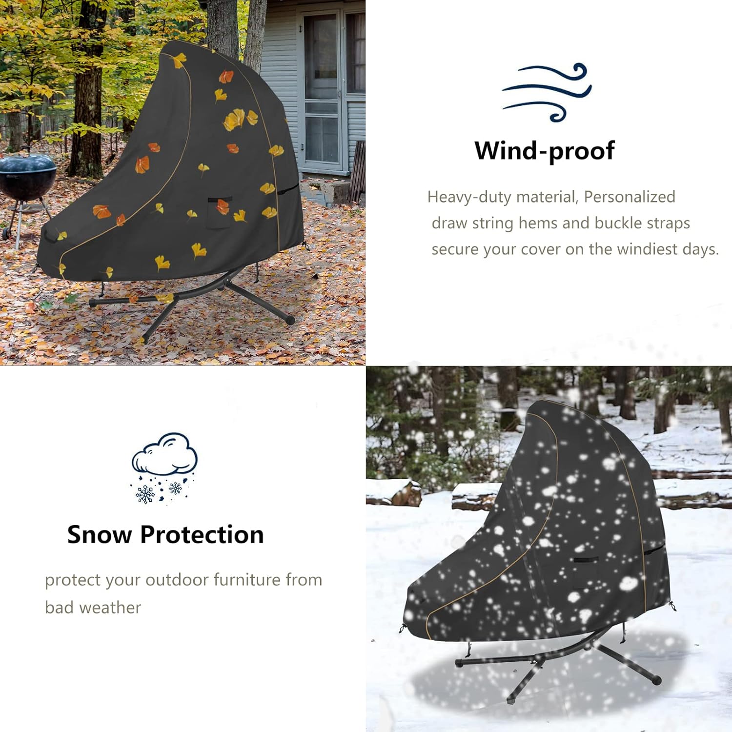 Bitubi 73 Inch Patio Hanging Chaise Lounge Cover - Classic Black 600D Tough Canvas Heavy Duty Waterproof Outdoor Curved Steel Hammock Chaise Lounge Chair Swing Cover