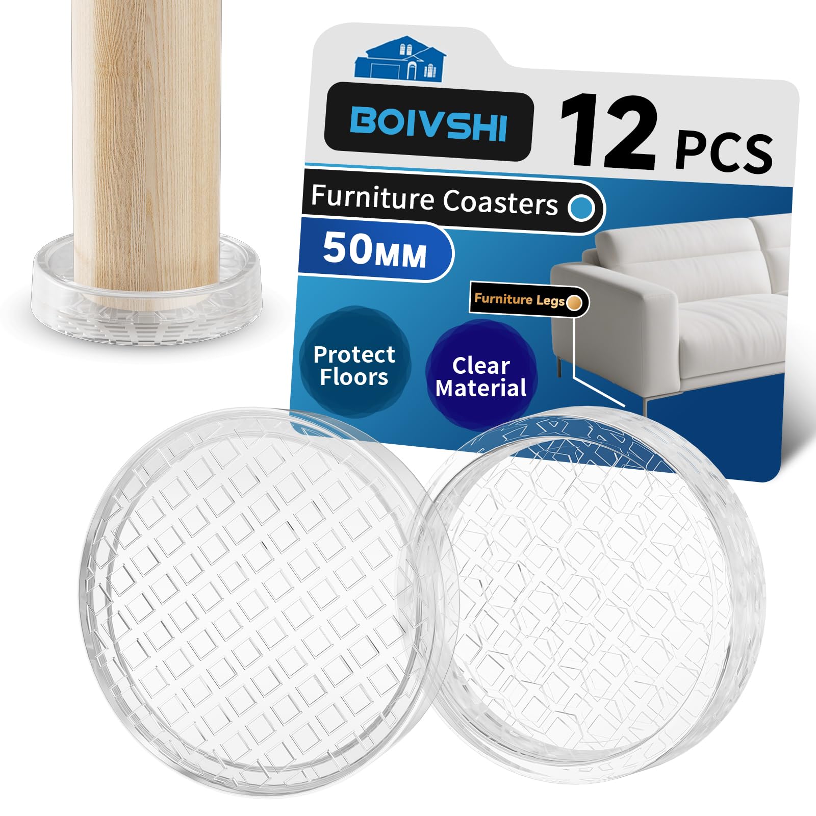 BOIVSHI Ø50mm Carpet Protector Cups, Clear Castor Cups, Trasnparent Furniture Coaster, Sofa Leg Floor Protectors 12PCS